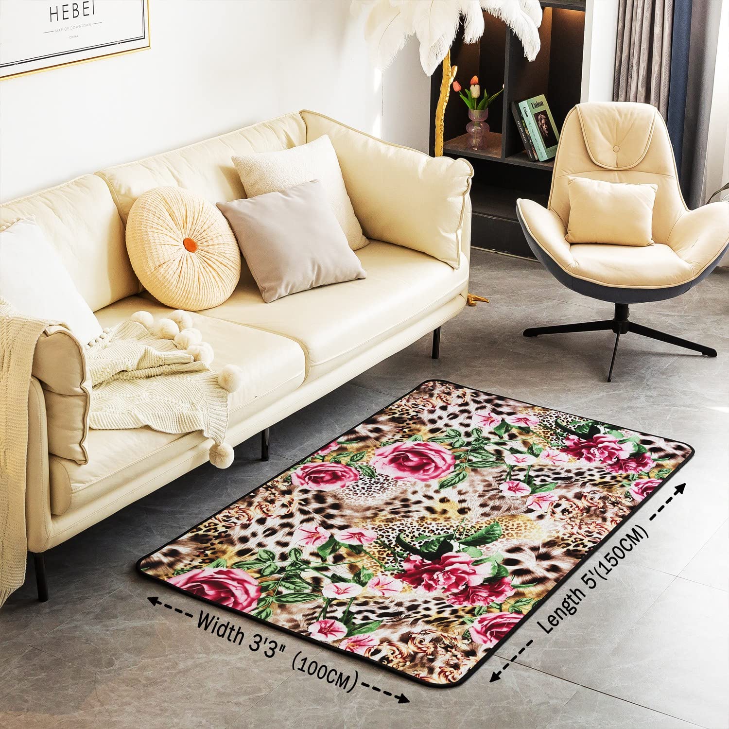 Homemissing Leopard Area Rug Kids Floral FLower Print Decorative Carpet Set Room Decorative Cute Cheetah Print Rugs for Living Room Safari Natural Theme Pink Indoor Floor Mat 100 * 150cm - Image 3