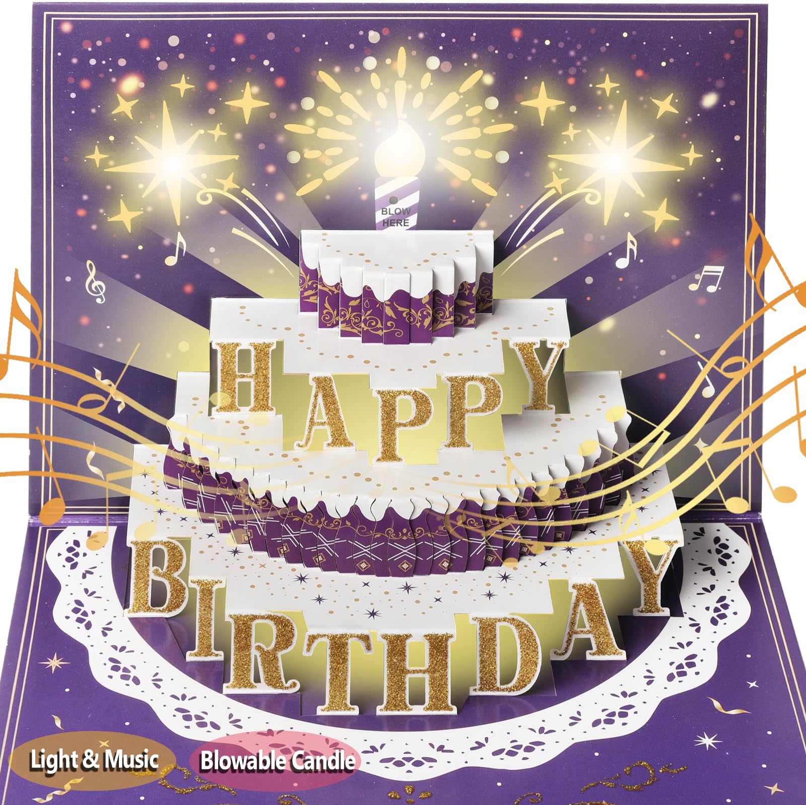 3D Pop Up Birthday Card with Lights and Sound, Blow Out LED Candle with Sensor, Singing Musical Greeting Card for Men, Women, Kids (Purple and golden)