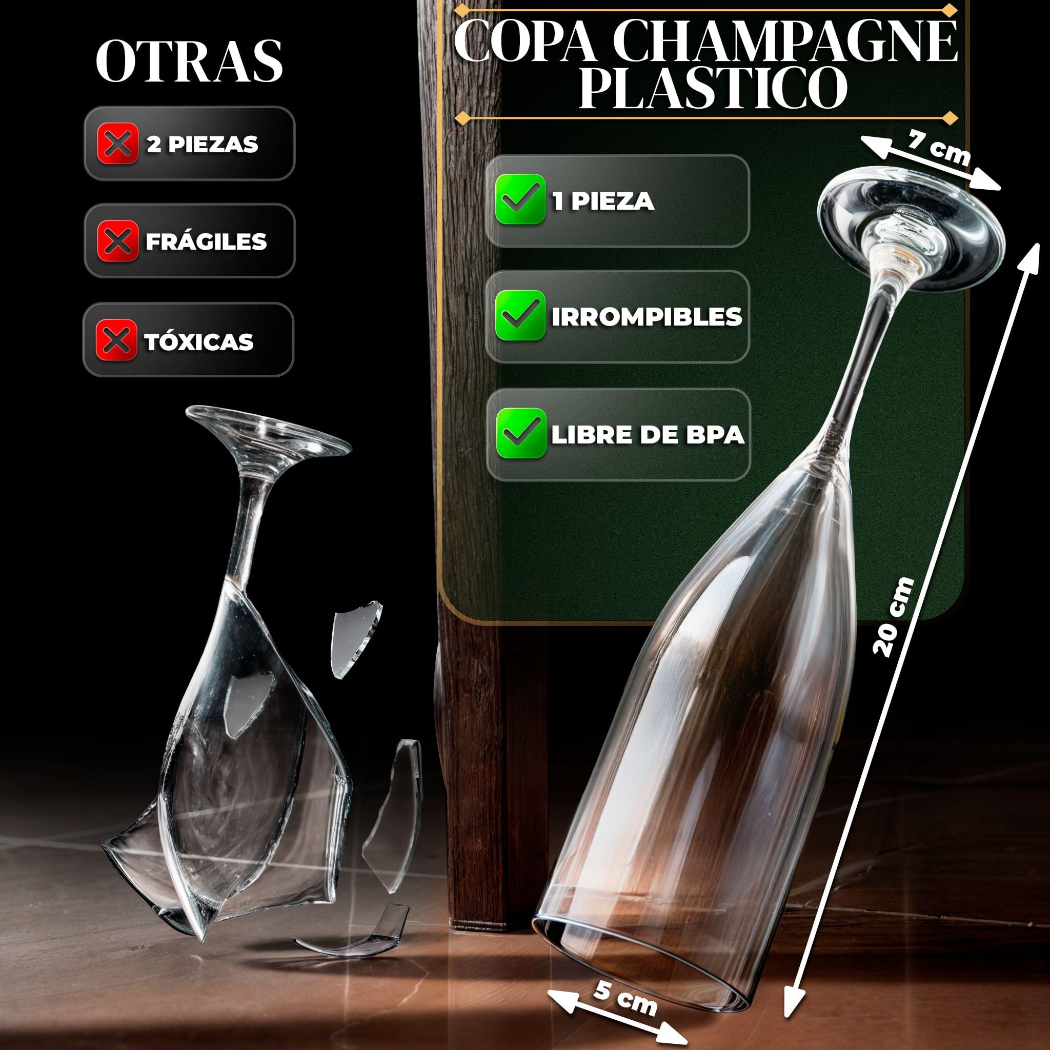 Copas de champan irrompibles, cava y vino espumoso de plastico duro Tritan reutilizables ultraresistentes - Pack 12 uds. Transparentes - copa de champagne - Plastic wine glasses - Durarero y Seguro
