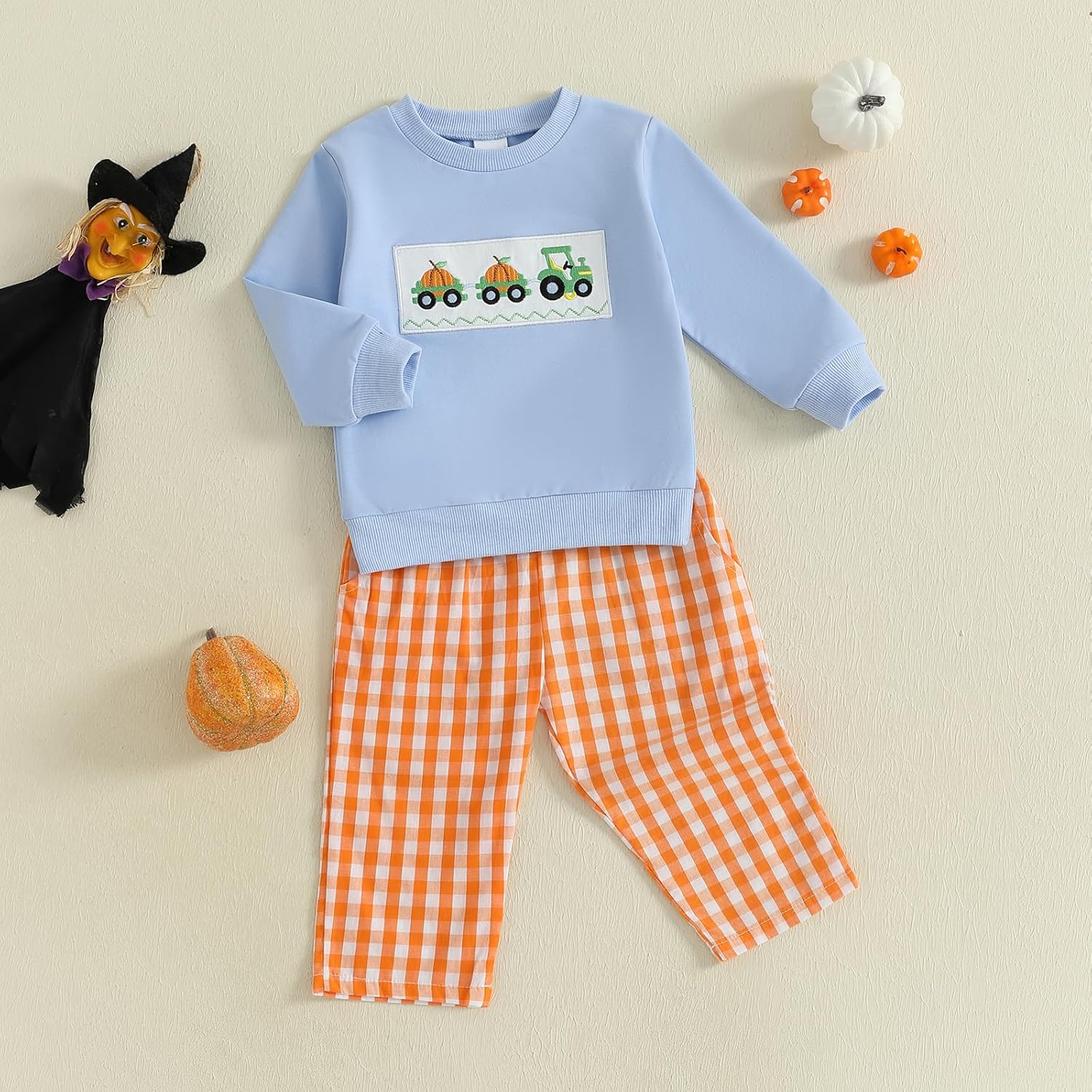 Thorn Tree Toddler Boy Halloween Outfit Pumpkin Embroidery Long Sleeve Sweatshirt Plaid Pants Fall Clothes Set - Image 3