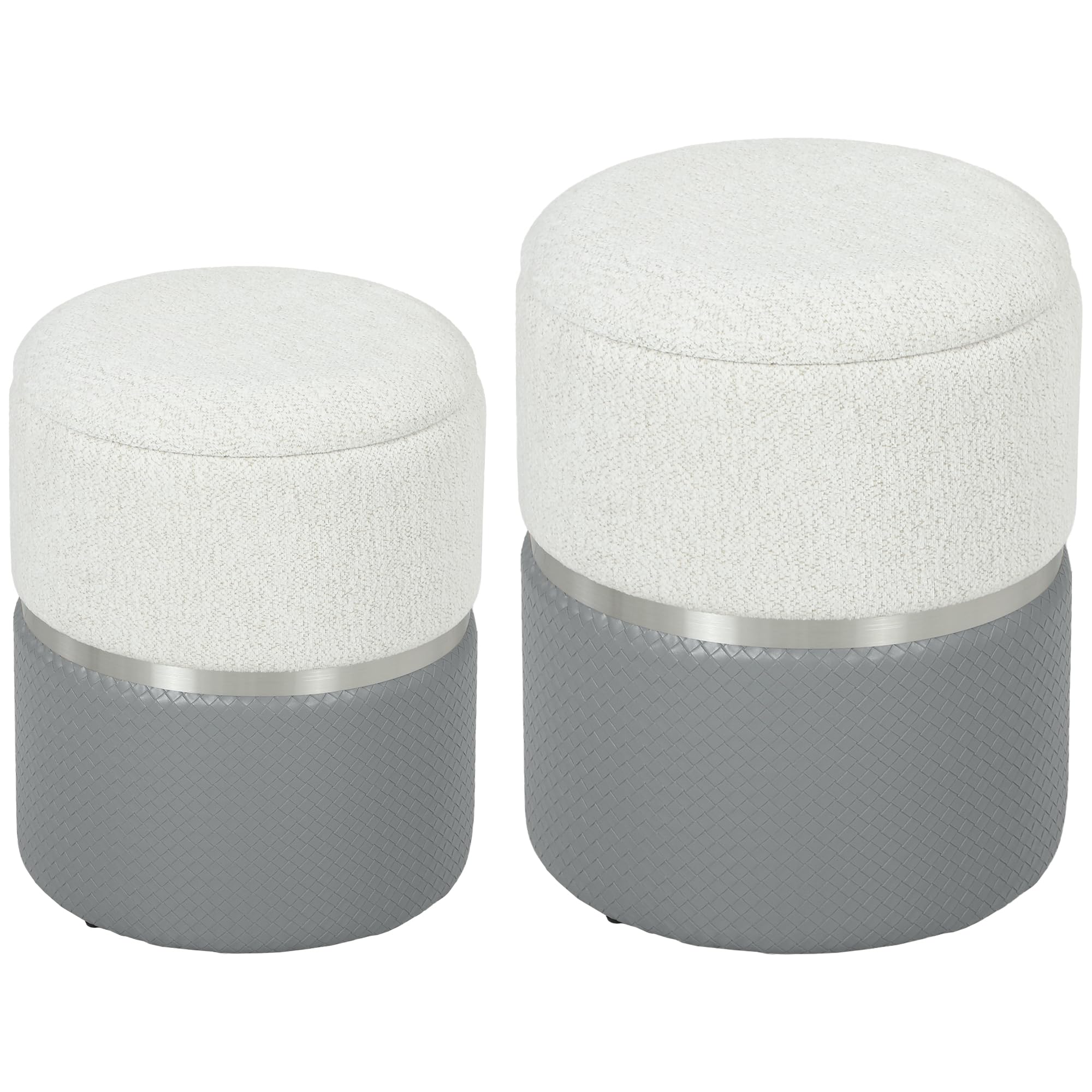 Homcom (Grey) Round Storage Ottoman Set Of 2, Nesting Footrest Stool