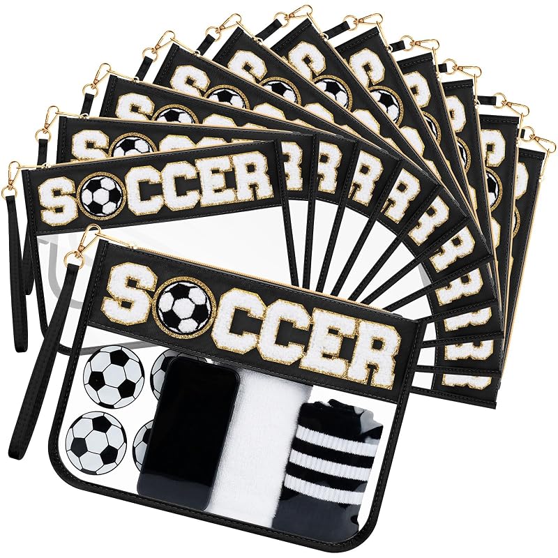 Abbylike Pacote com 12 necessaires transparentes de PVC com letras chenille SOCCER, zíper e alça de pulso