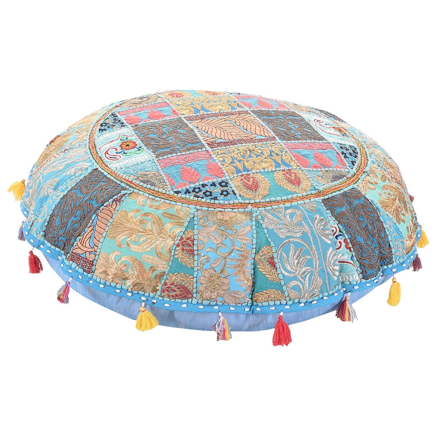 Sophia Art Round Floor Pillow Cushion Patchwork Pouf Ottoman Vintage Indian Foot Stool Bean Bag Floor Pillow Cover Home Decor Living Room Ottoman Bohemain Pillows (Turquoise, 32 Inch)