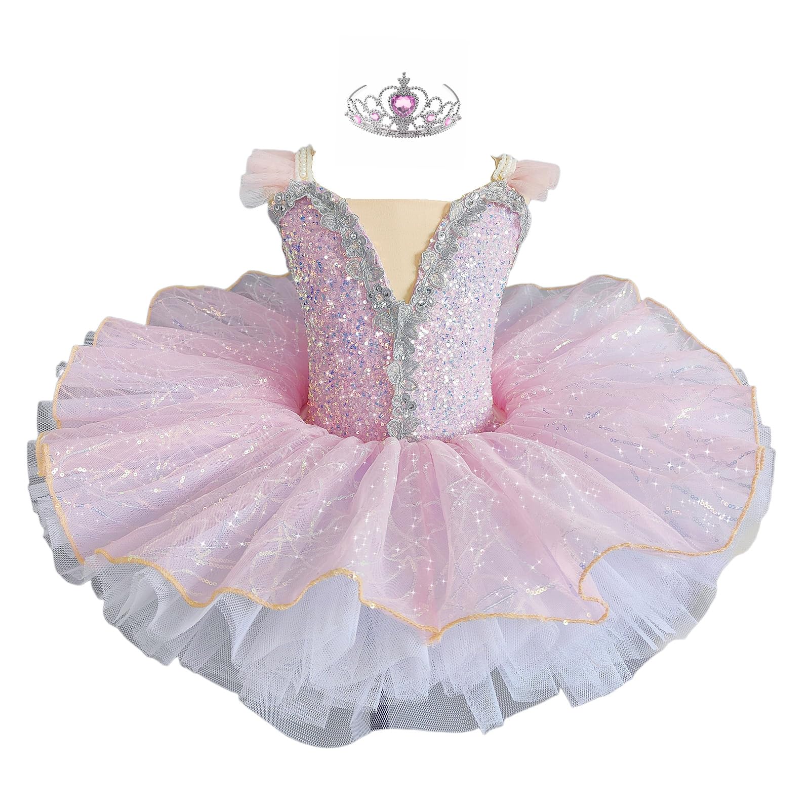 Mädchen Rosa Pailletten Pfannkuchen-Tutu Ballettkleid mit Tiara, Puffy-Prinzessinnenrock, Professionell Tanzkostüme