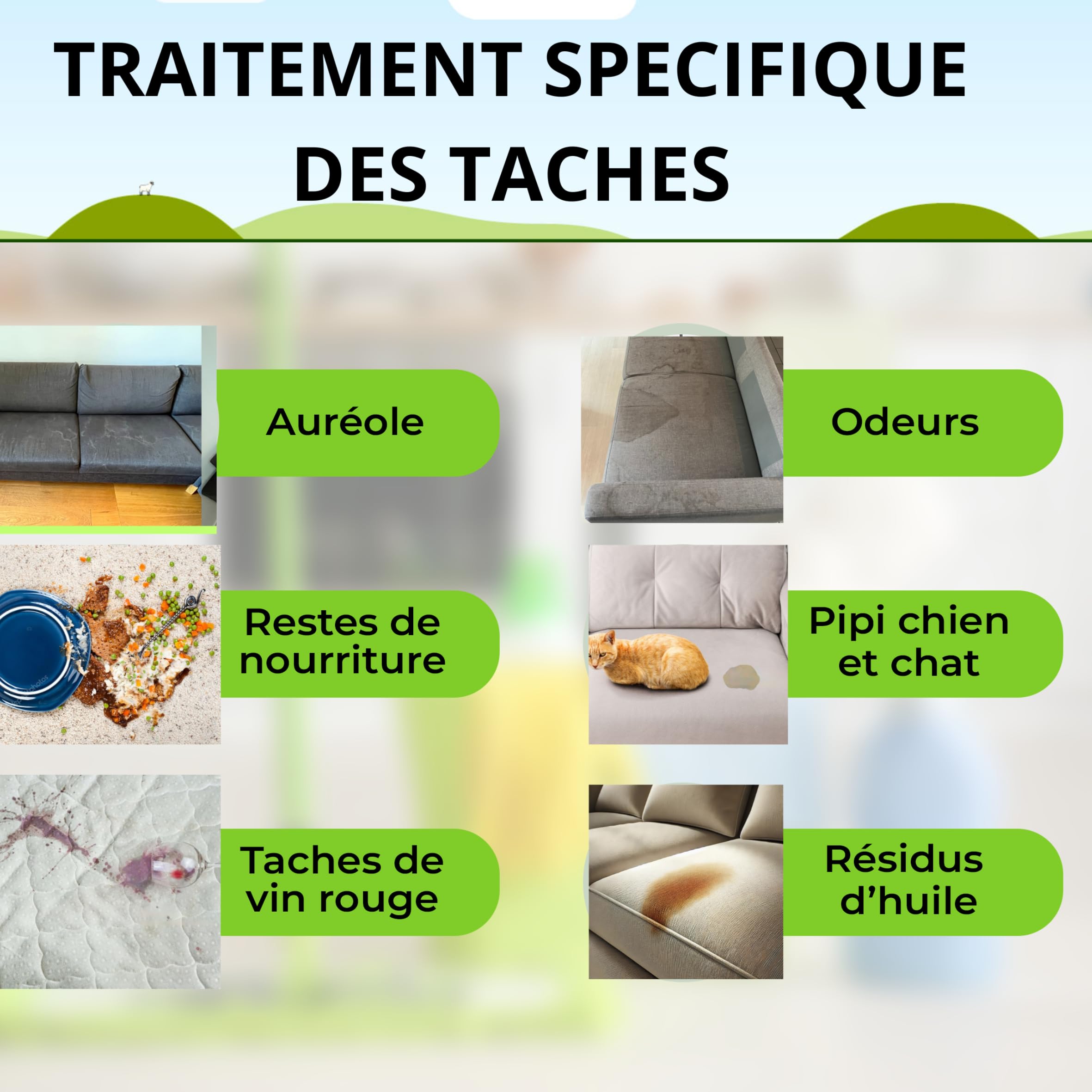 NETTOYANT, ANTI ODEUR spécialement conçu pour tous les tissus d'ameublement (tapis, moquette, canapé, matelas, siège-auto) pour SHAMPOUINEUSE, ASPIRATEUR À EAU concentré et contenu dans 5L