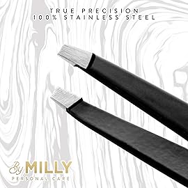By MILLY Professional Slanted Tweezers for Women and Men | High Carbon Stainless Steel Sharp Tweezer | Tweezers for Women Facial Hair Plucking, Hand-Filed & Aligned Precision Slant Tips - Black