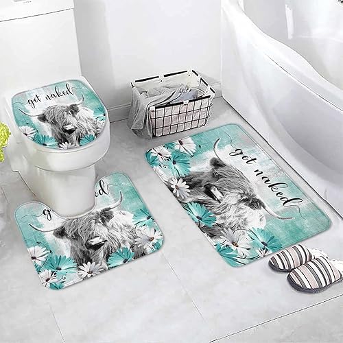 Miniatura 4 de Farmhouse Highland Cow - Juego de tapetes de baño con diseño de vaca de las montañas, color verde azulado con diseño de toro rústico con alfombra de