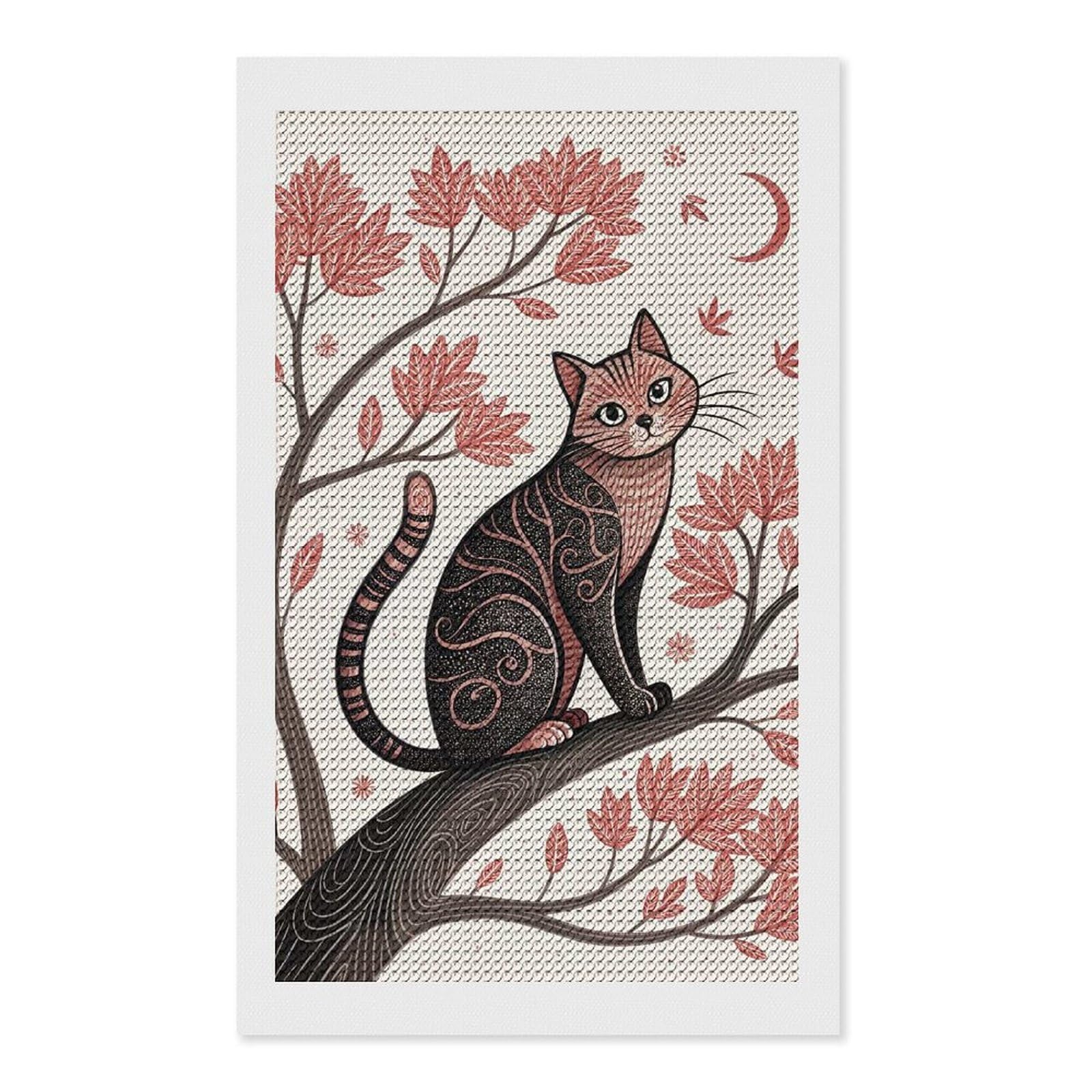 Junmoney Cat on A Branch with Autumn Leaves Round Drill Diamond Painting 12"x20", Satisfying Creative Project, Complete Accessories, Printed Canvas