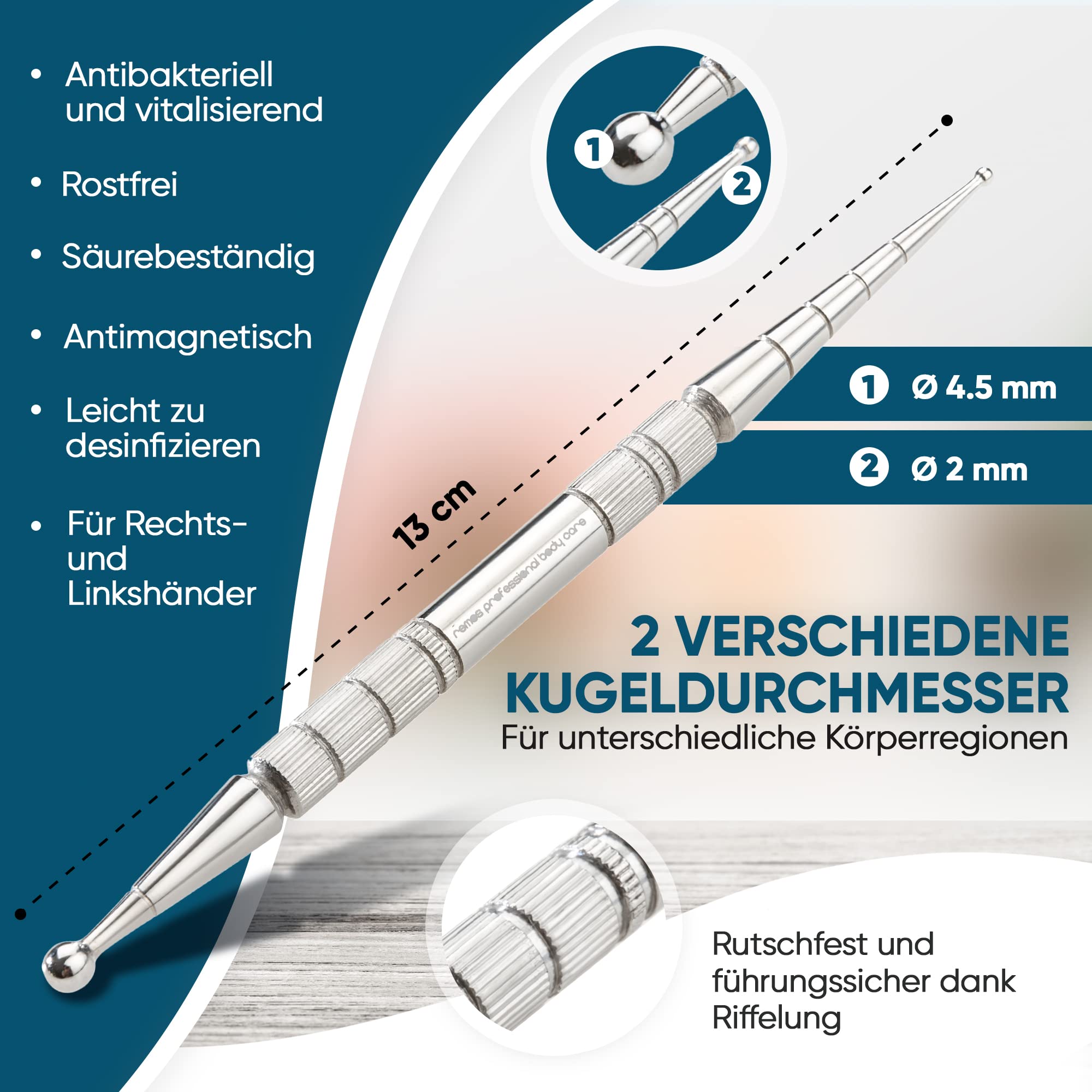REMOS sztyft do akupresury i meridian, stal szlachetna, długość 13 cm, średnica kulki 2/4,5 mm