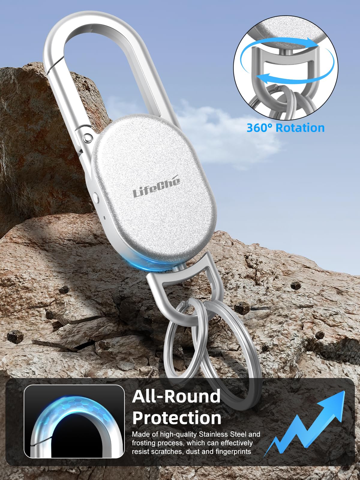 Portachiavi con localizzatore integrato anti-smarrimento, resistente, portachiavi in acciaio inox di alta qualità, con moschettone, con GPS Global Locator Tracking, impermeabile, argento
