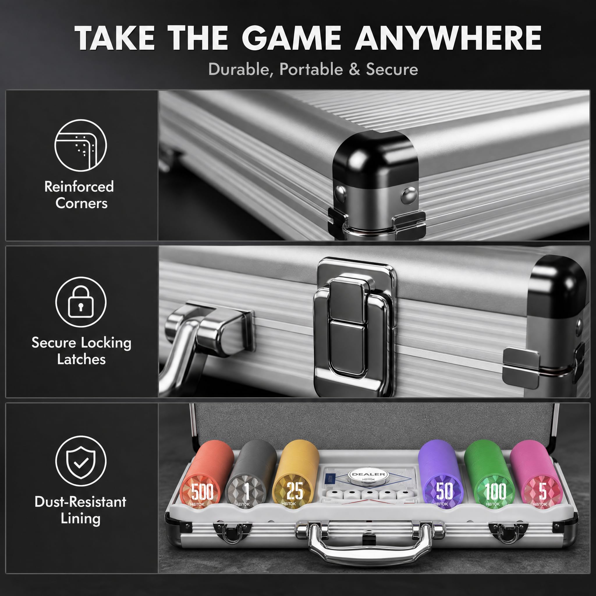 HEITOK Mallette Poker Professionnelle 300 Jetons Numérotés 11,5g ABS Lourds – Kit Complet Texas Hold'em Blackjack avec Valise Aluminium