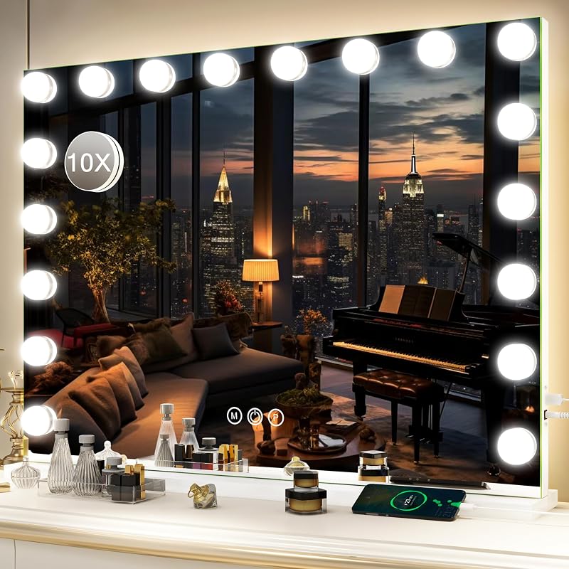Espelho para maquiagem FENNIO com iluminação LED, 18 lâmpadas, 3 cores de luz, aumento 10X e porta USB, 62,23 cm x 81,28 cm