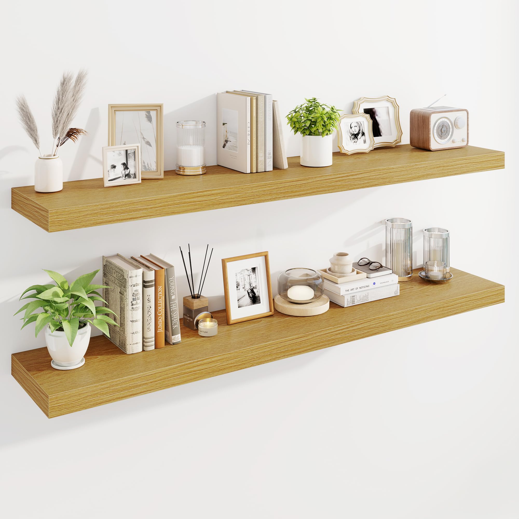 Marsmiles 55" Floating Shelves for Wall, Wooden Shelves with Invisible Brackets Set of 2, Rustic Farmhouse Wall Mounted Shelf for Kitchen Bathroom