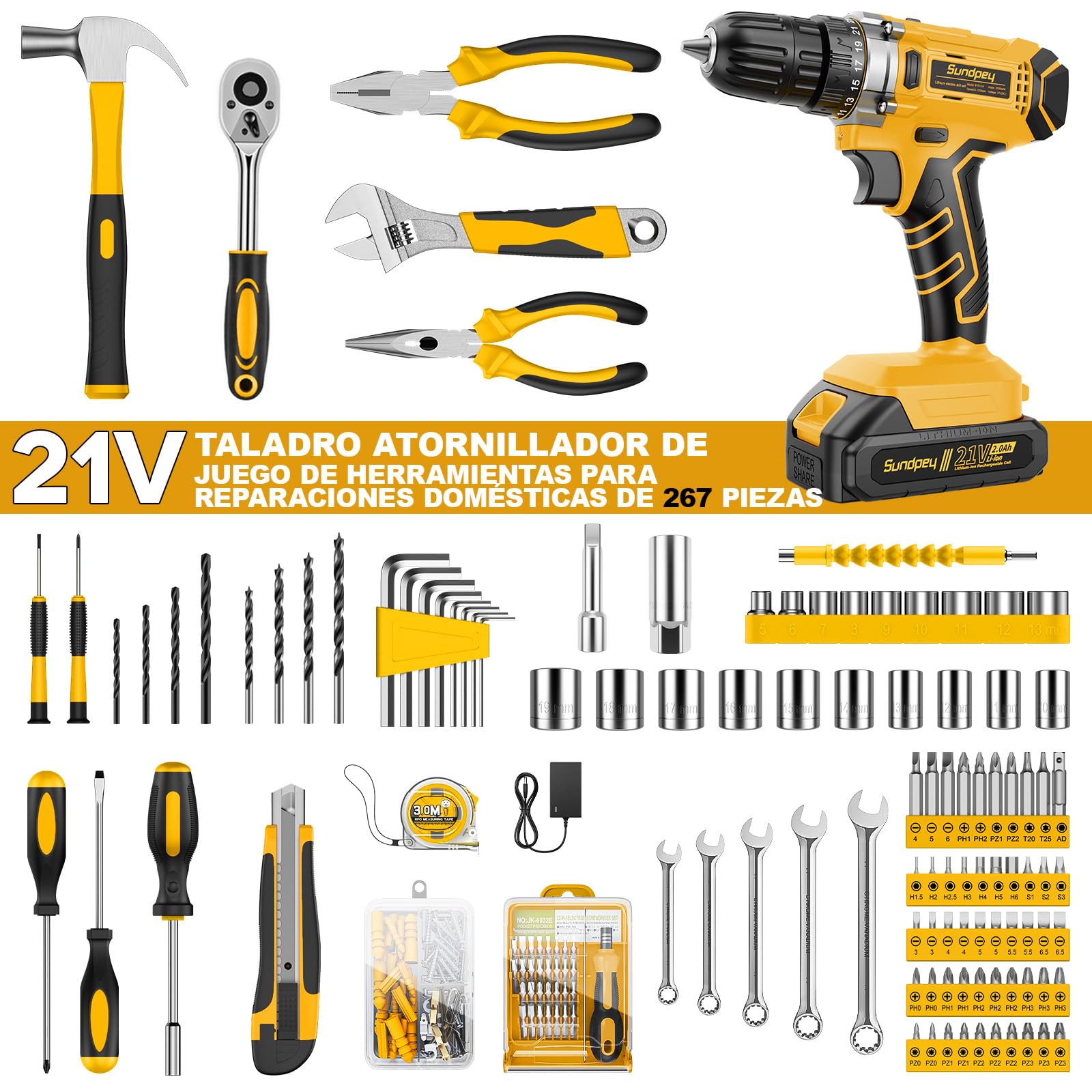 Caja de Herramientas 267 Piezas con Taladro Inalámbrico 21V, Taladro Atornillador y Batería 2.0 Ah, Juego Herramientas Eléctricas y Manuales para Bricolaje en Hogar, Maletín Organizador con Cajones