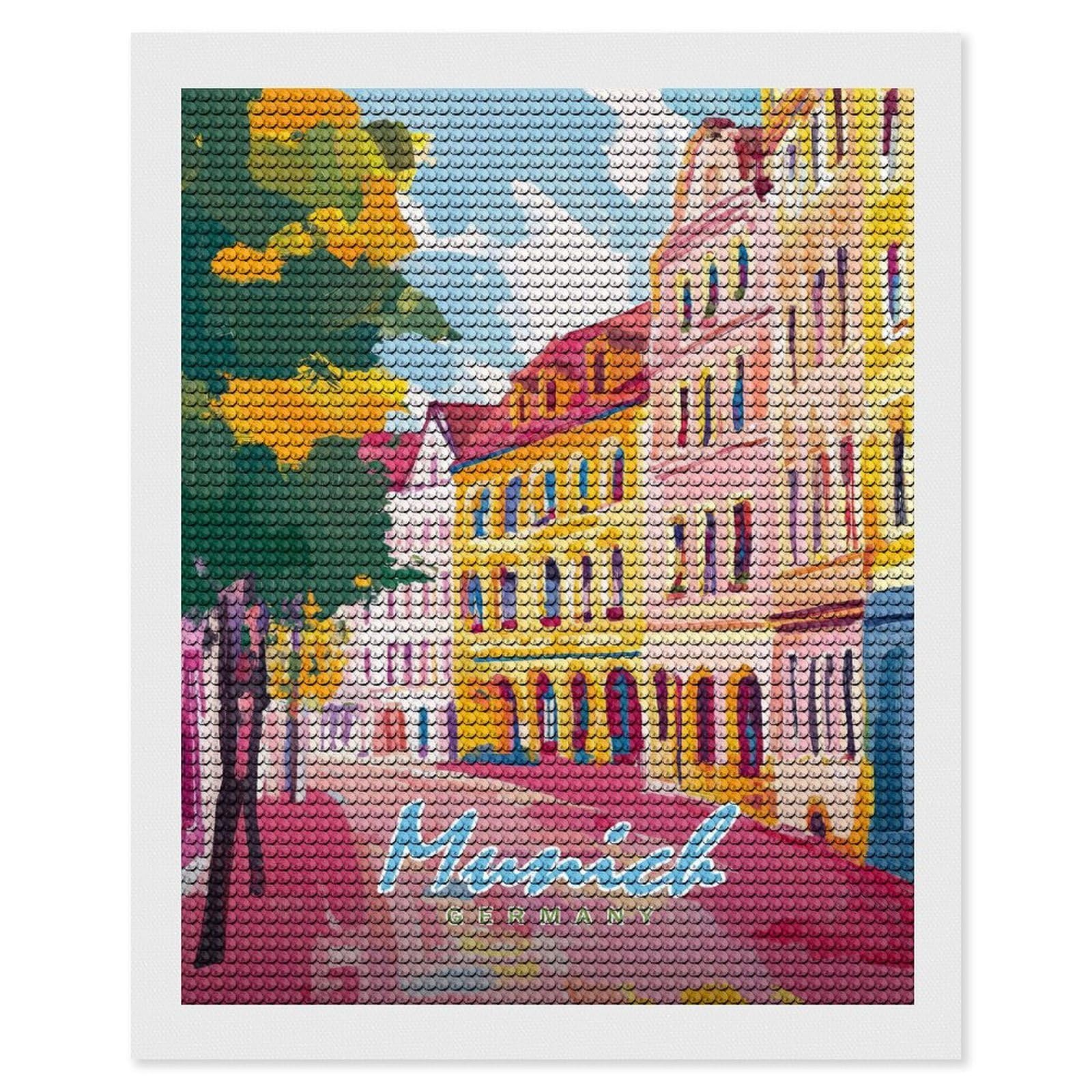 Junmoney Munich Street Painting Round Drill Diamond Painting 16"x20", for Craft Lovers, Stress Relief Craft, Bedroom Decor, Festive Craft Gift