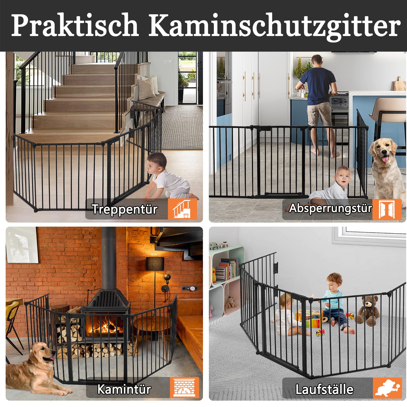 YRHome Rejilla de protección para chimenea plegable de metal con puerta, 300 cm de longitud total, 75 cm de altura, color negro, incluye 5 elementos para seguridad infantil