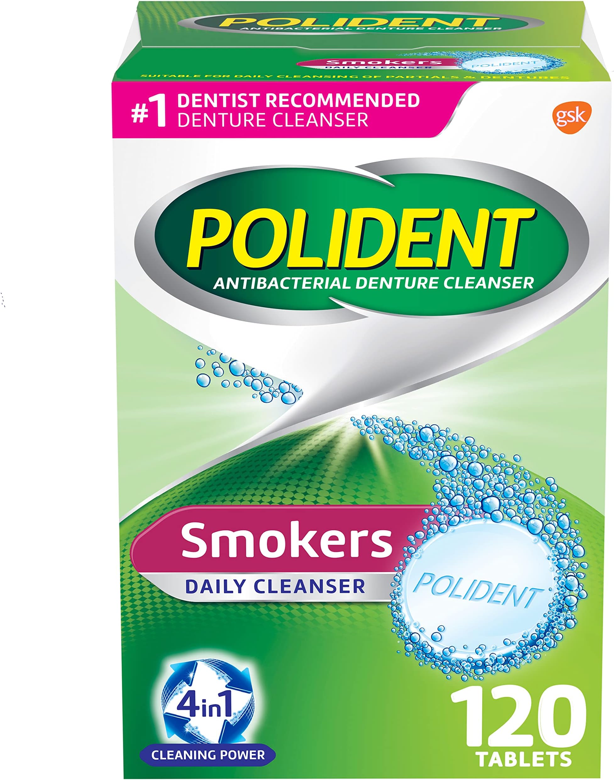 Polident Smokers Antibacterial Denture Cleanser Effervescent Tablets, 120 count