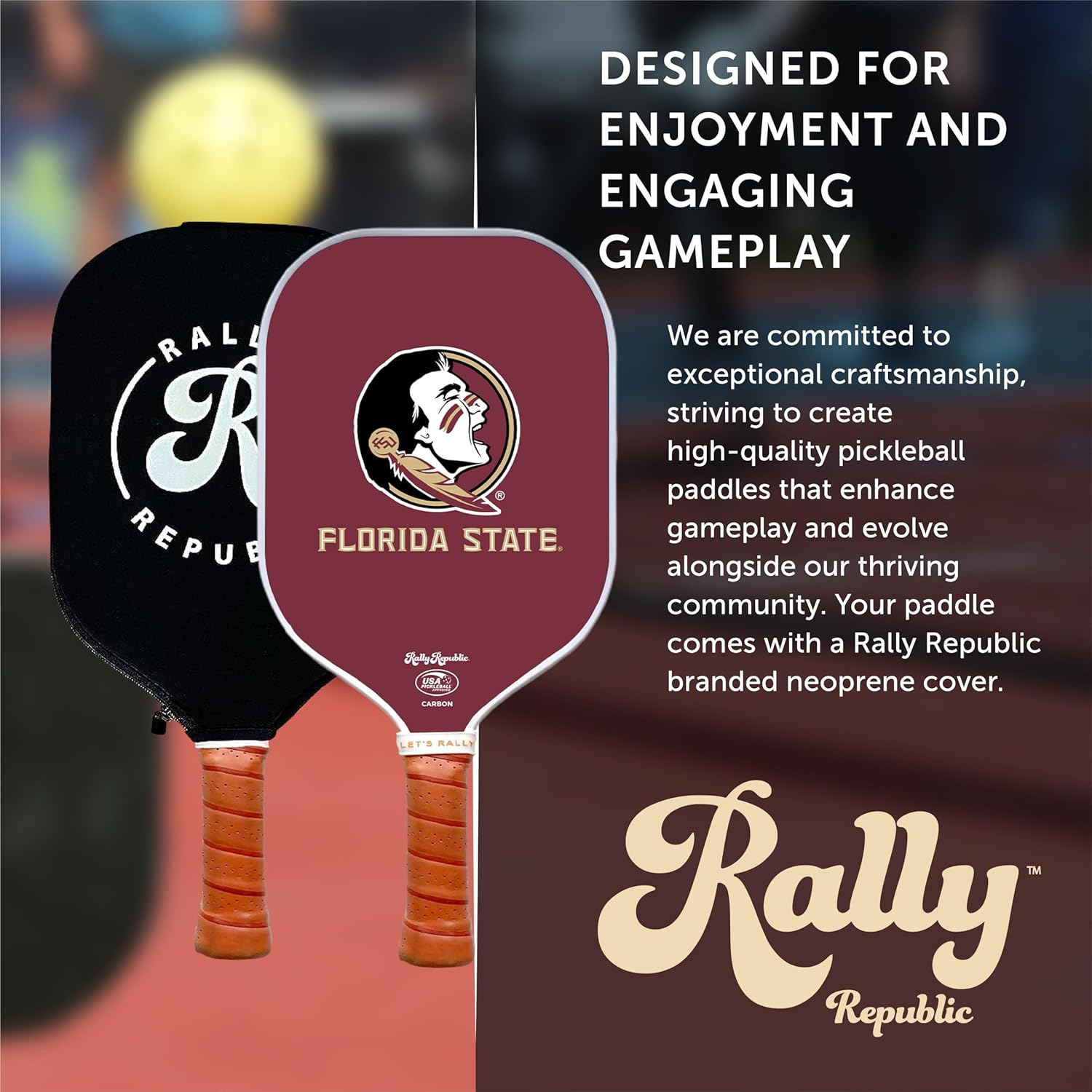 Officially Licensed Collegiate Pickleball Paddle - USA Pickleball Association Approved Racket - Lightweight Honeycomb Core, Carbon Fiber Exterior, Premium Leather Grip for Comfort