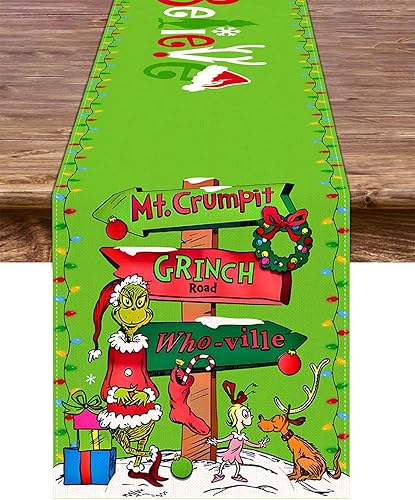 Camino de mesa Grinchmas Feliz Navidad, vacaciones de invierno, fiesta temática, cocina, comedor, decoración del hogar (verde, 13 x 90 pulgadas)