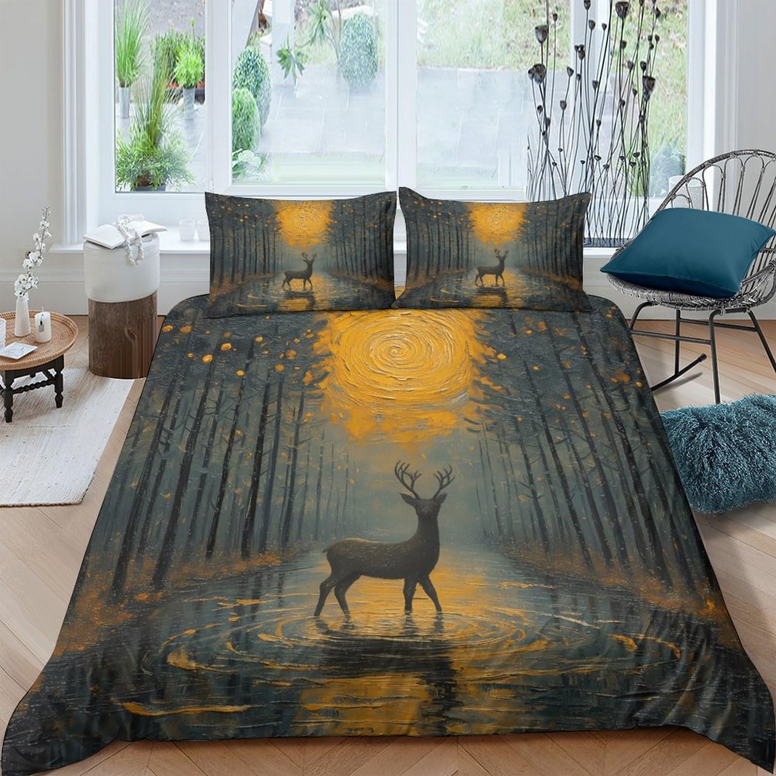 Ctjqhvkz Style-8 3D Printed Forest Sunset Fitted Sheet Microfiber Soft Stag Silhouette Bed Cover For Bedroom Dorm Mattress Decor Single（135X200cm）