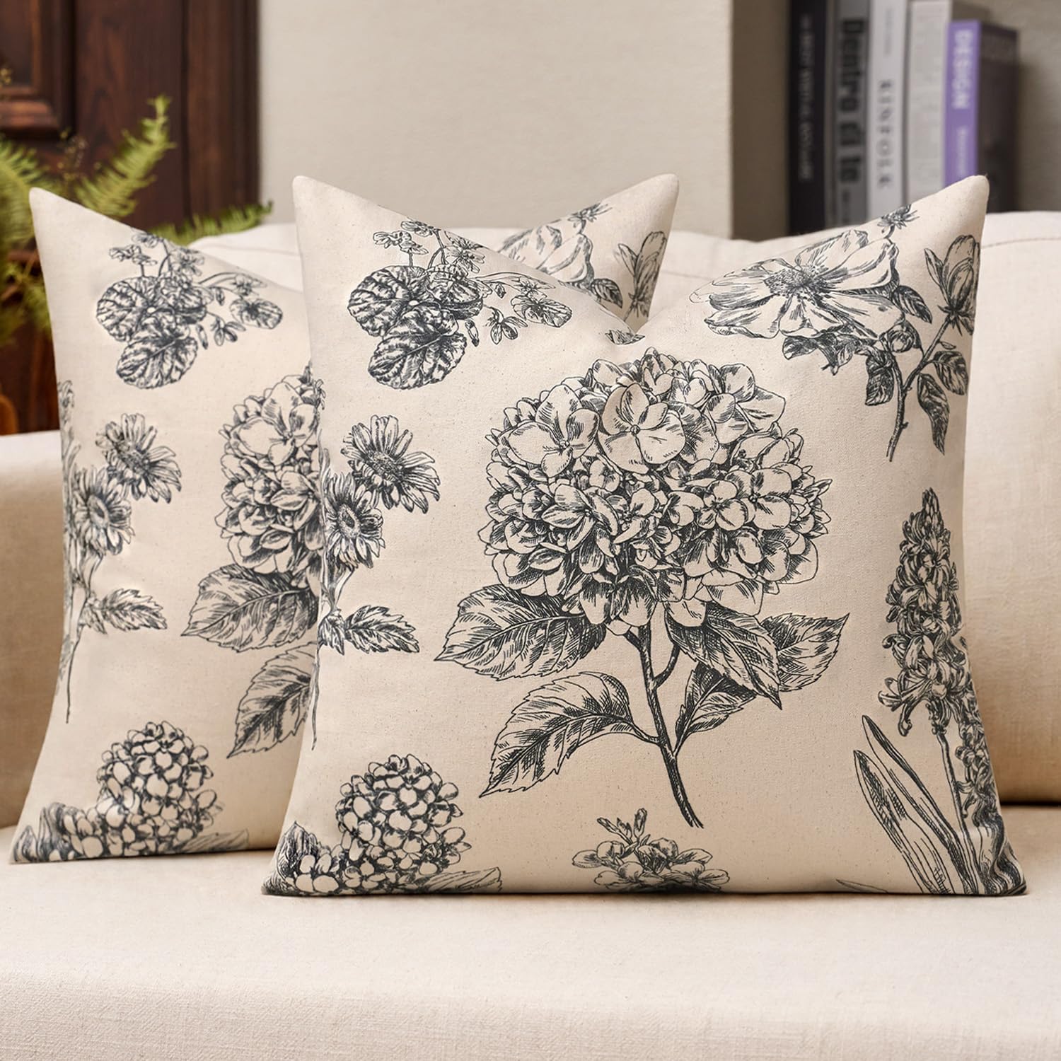 Kevin Textile 100% Cotton Hydrangea Floral Cushion Covers 45x45cm Set of 2, Neutral Boho Throw Pillow Covers for Spring Summer, Vintage Farmhouse Decor for Sofa Couch Bedroom Living Room Porch, Black