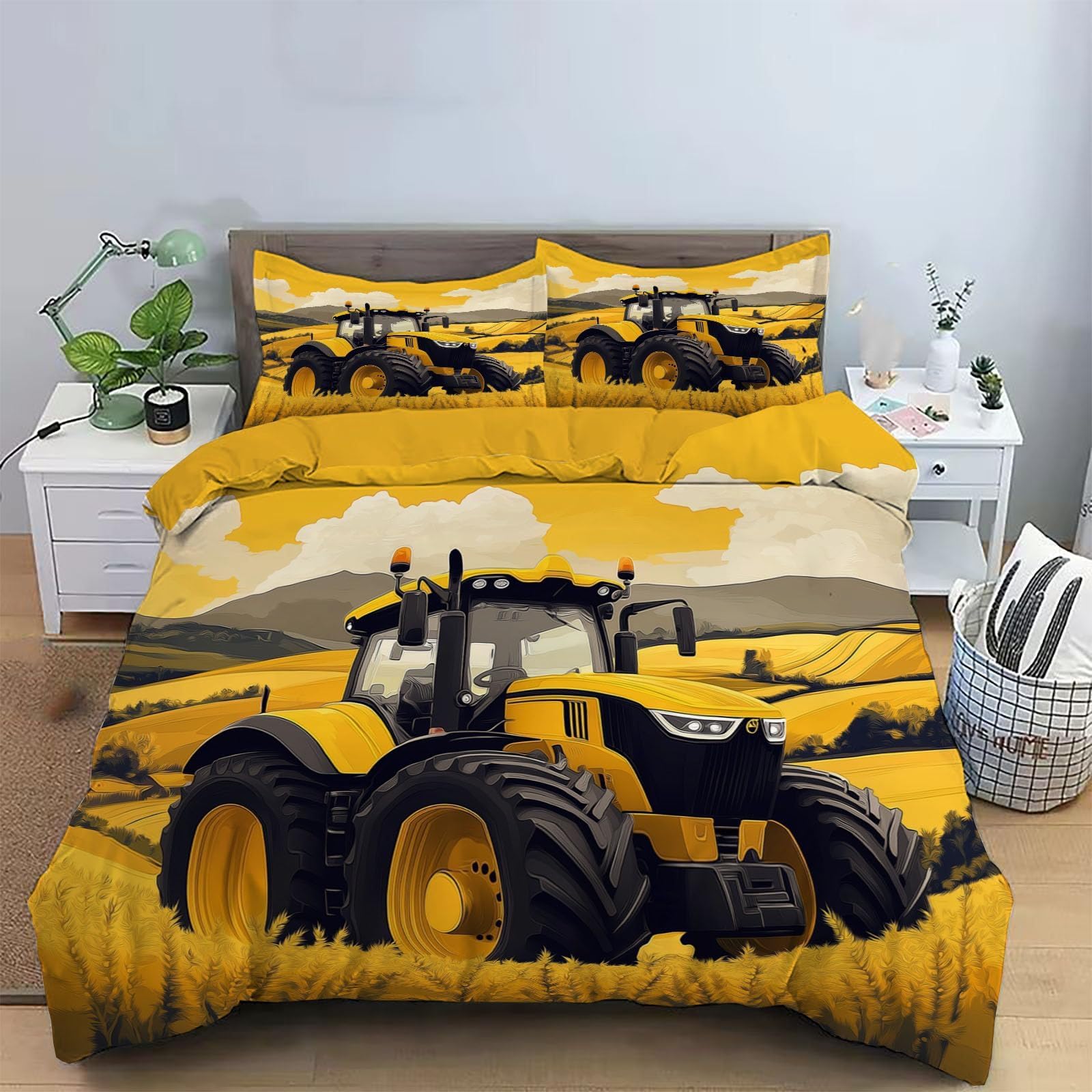 Bettwäsche 155x220 Gelber Traktor Bettwäsche-Set mit Reißverschluss Schließung und 2 Kopfkissenbezug 80x80 cm - Weicher Atmungsaktive Mikrofaser Bettbezug für Kinder Mädchen