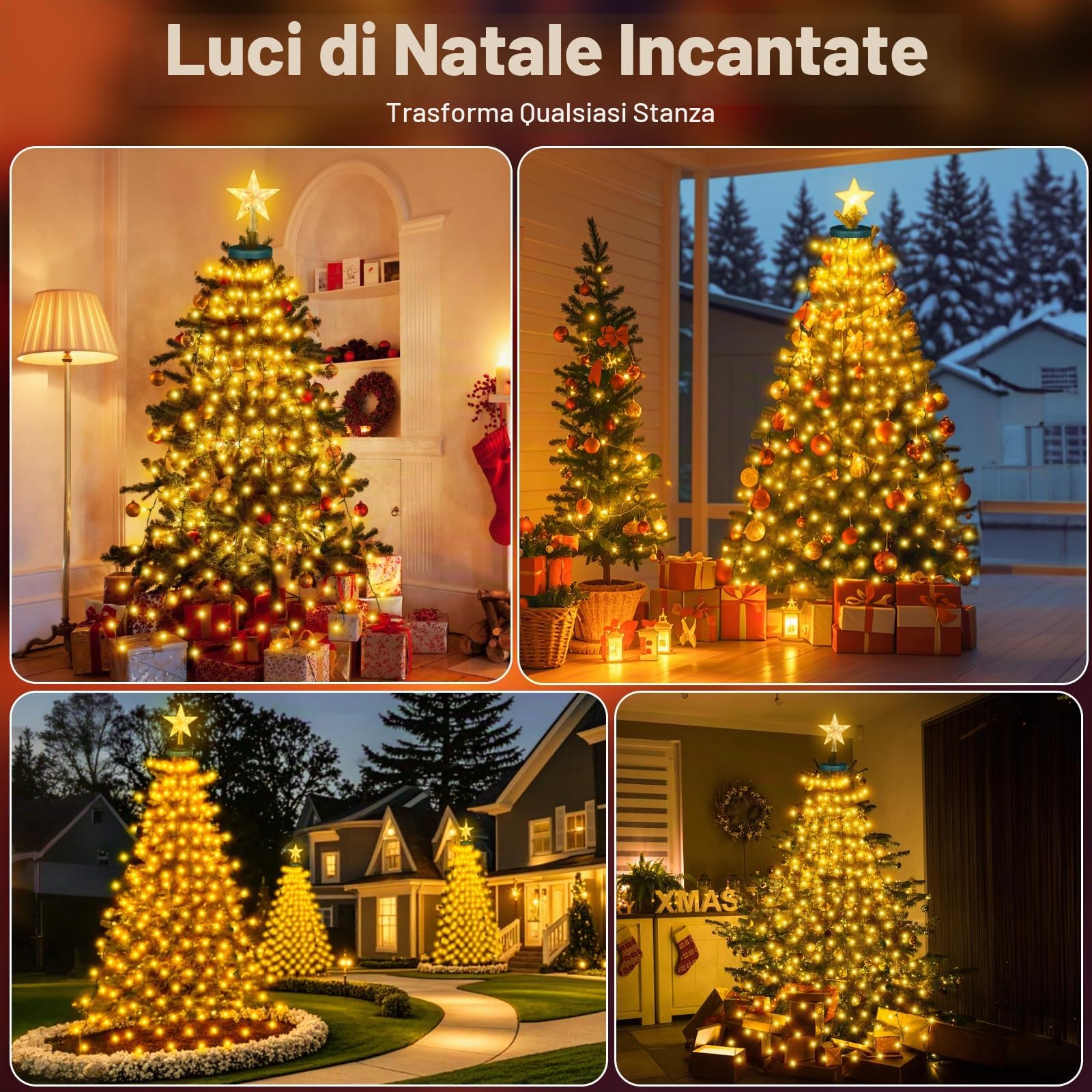 Luci Albero Natale Esterno Cascata, 2Mx16 Fili 420LEDs Luci Albero Natale, 8 Modalità Luci di Natale per Albero con Anello, IP44 Impermeabile per Interni Esterni Giardino (Caldo-Star)