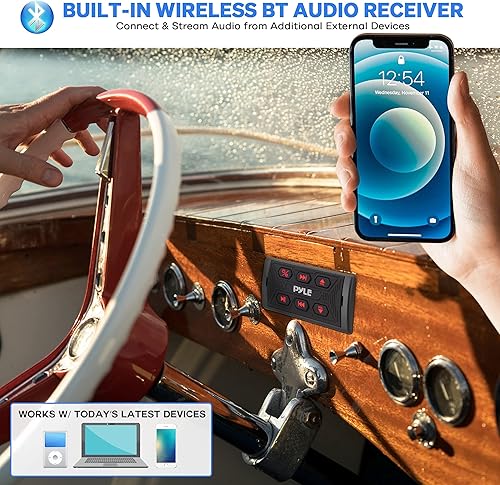 Miniatura 5 de Pyle Controlador de audio Bluetooth inalámbrico para automóvil, botón multimedia Bluetooth IPX6, impermeable, receptor marino con USB, AUX, para