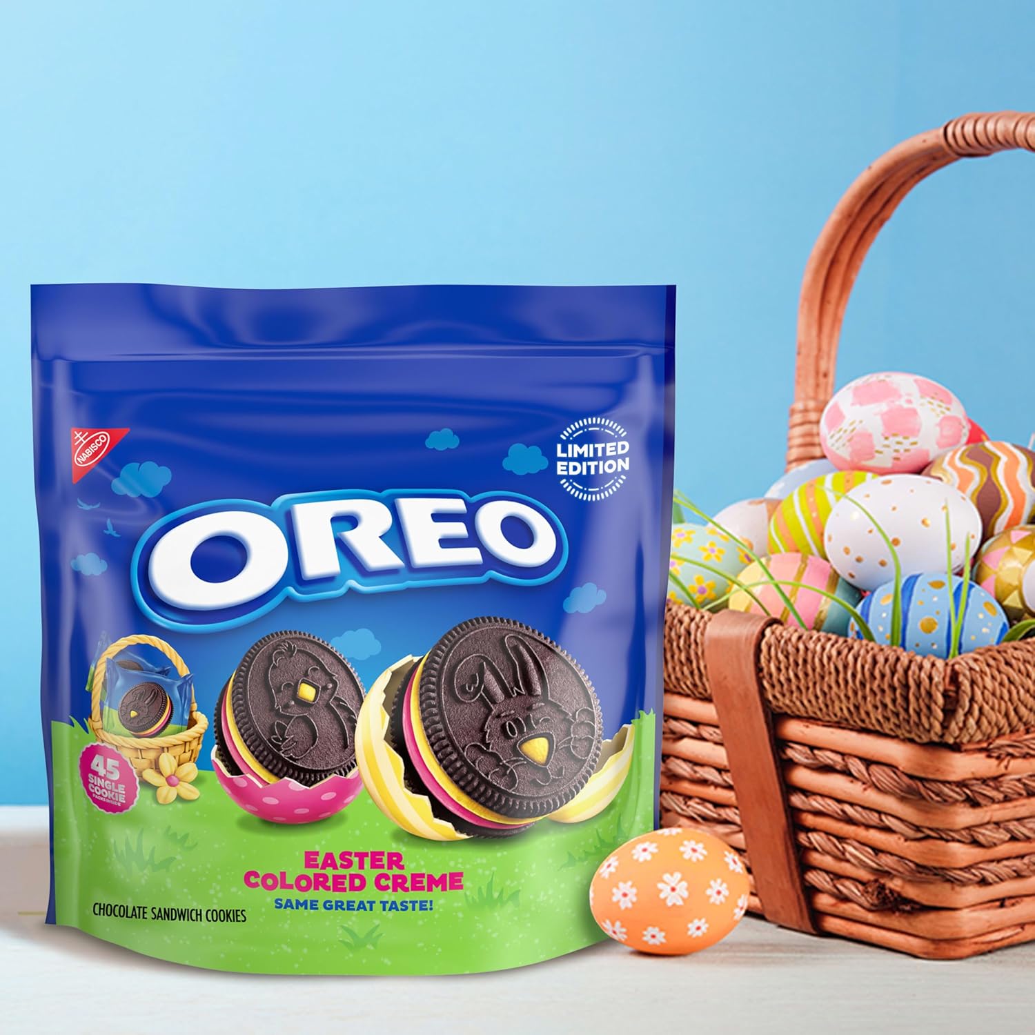 OREO Pink and Yellow Creme Chocolate Sandwich Cookies, Limited Edition Easter Cookies, 45 Snack Packs (1 Per Pack)
