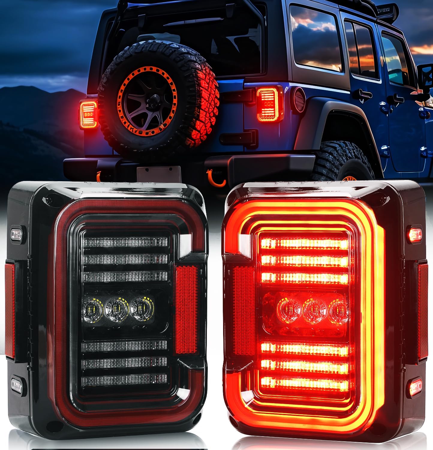 AUDEXEN LED Tail Lights Compatible with Jeep Wrangler JK JKU 2007-2018, Unique C Shaped Design Clear Lens, 20W Reverse Lights, Built-in EMC, DOT Compliant, 2 PCS