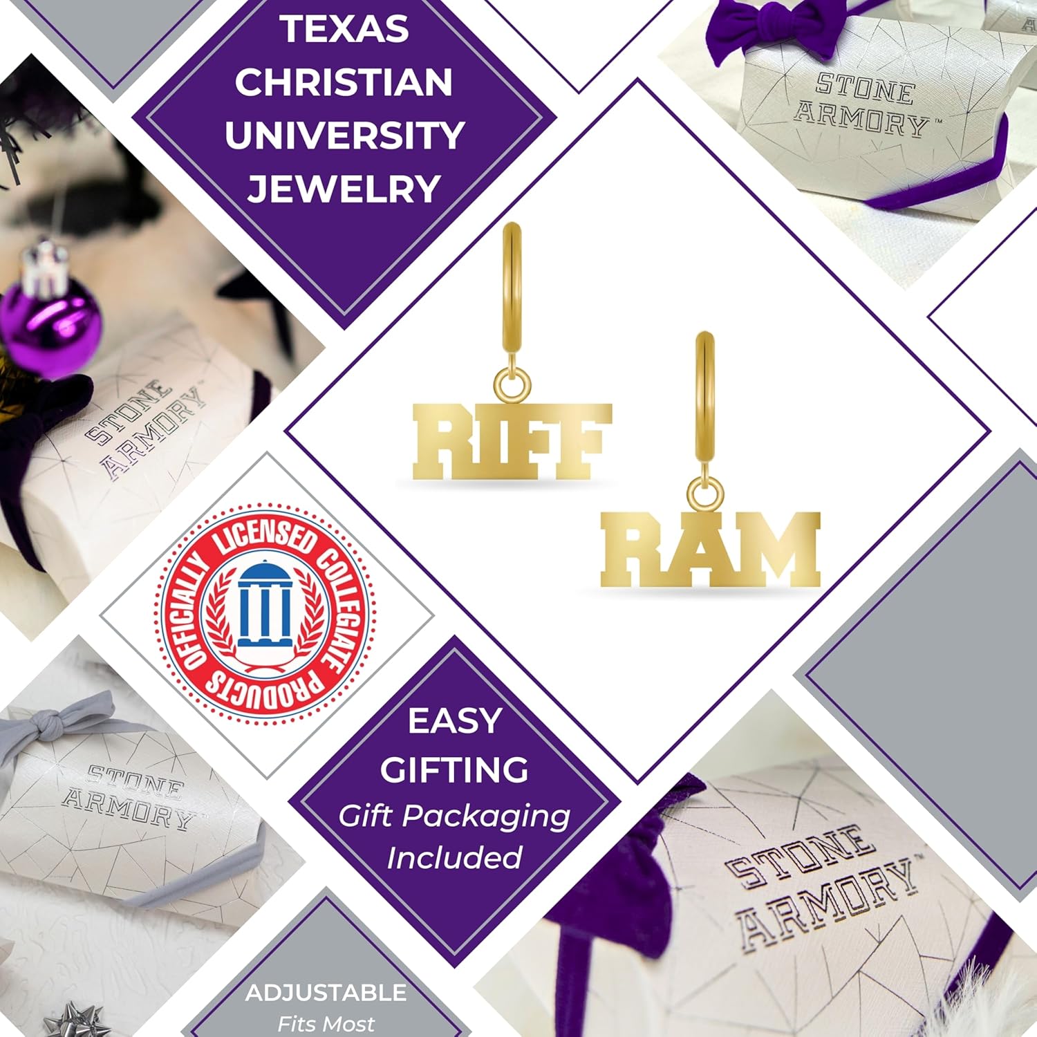 Stone Armory Earrings for Texas Christian University Jewelry Gifts for Women, Graduation – Stainless Steel Skin-Friendly TCU Horned Frogs Earrings 18K Gold Finish TCU Riff Ram Hoops