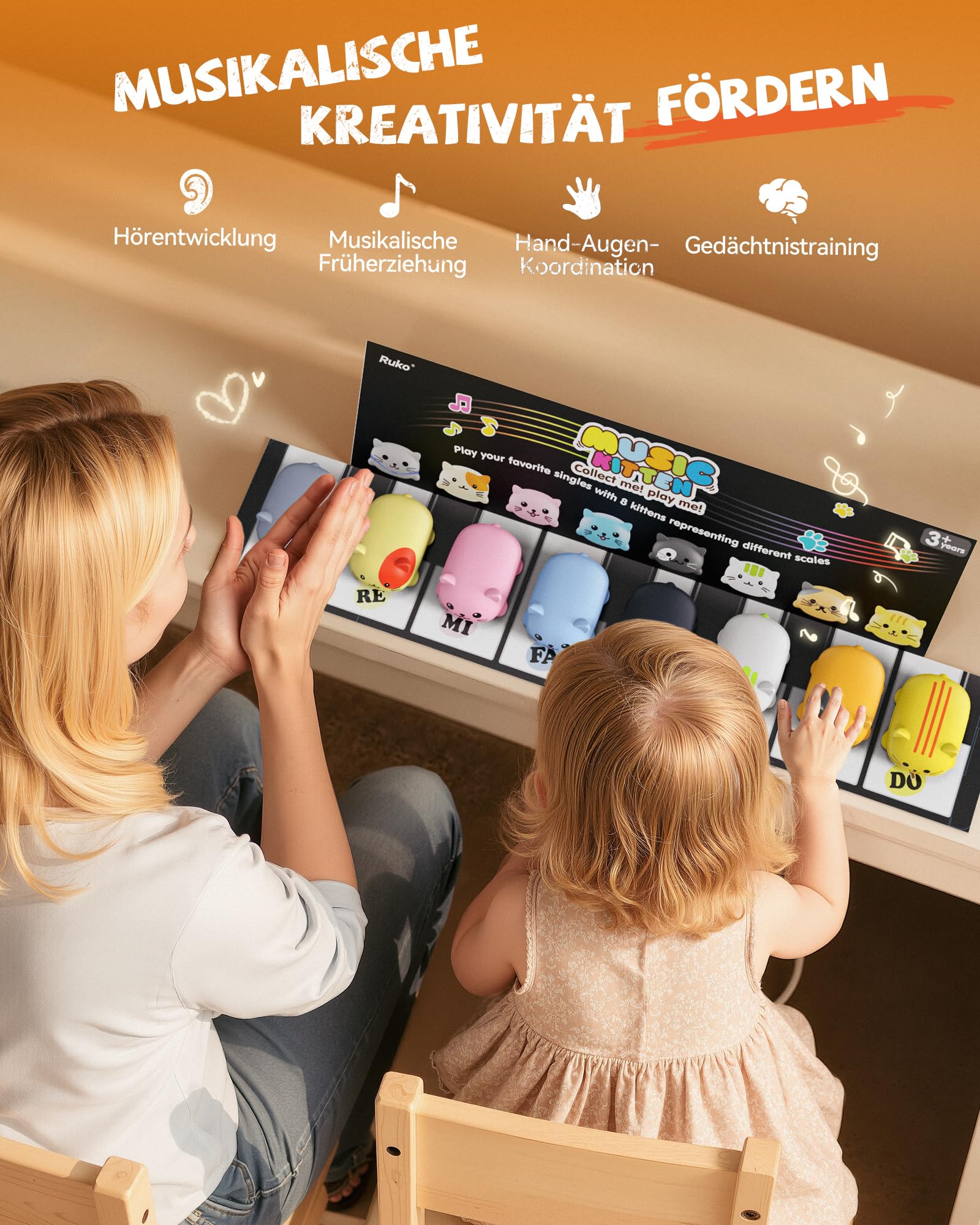 Ruko 1701 Klawiatura muzyczna dla dzieci, dźwięk MIAU, 8 sztuk | Instrument pedagogiczny, kotek, skala muzyczna Touch-Play, zabawny prezent dla chłopców i dziewczynek od 3, 4, 5, 6 lat