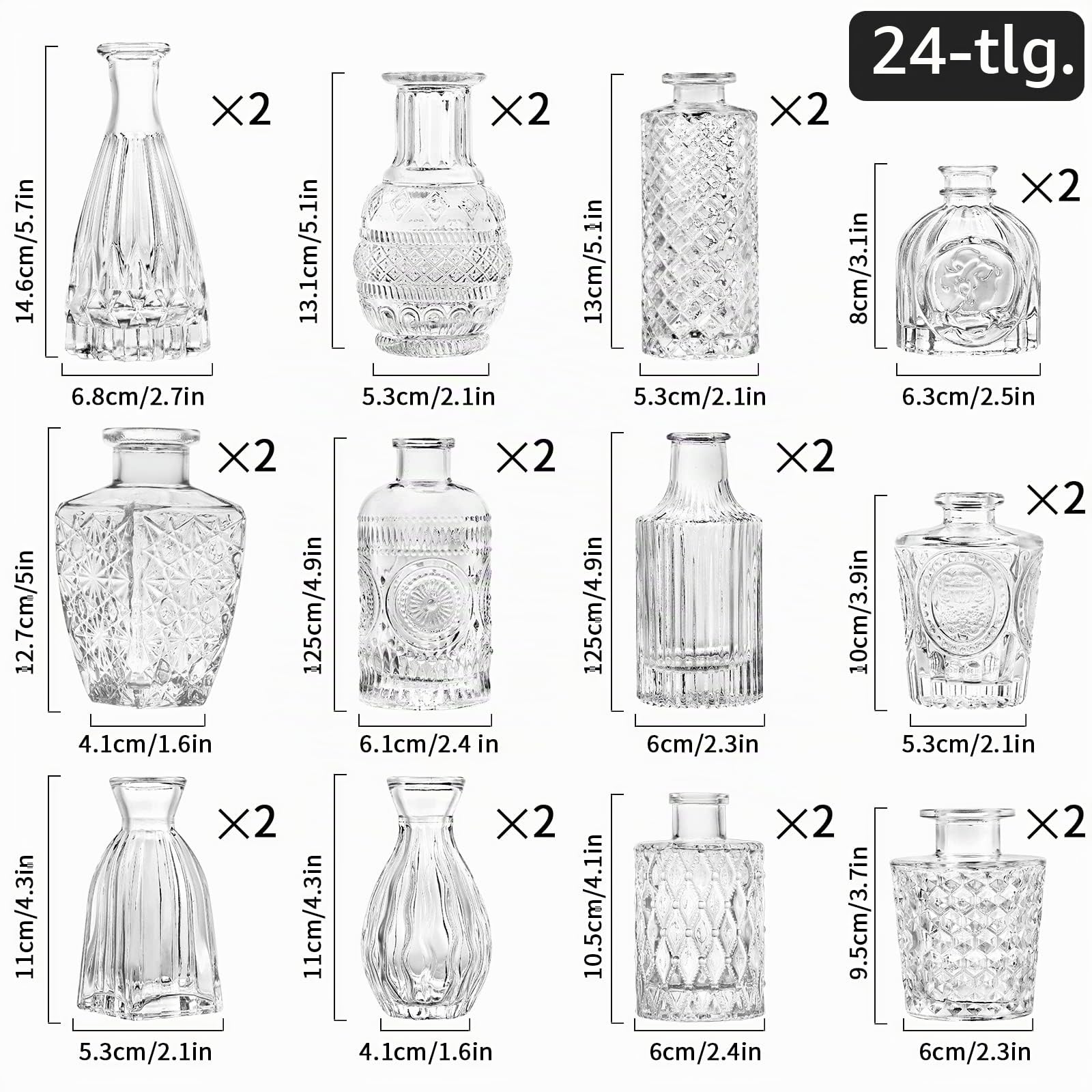 Kleine Glasvase Knospenvase Großpackung Set mit 24 Mini-Vintage-Blumenflaschen Zarte Glasblumenvase Verschiedene Größen für Blumenarrangements, dekorative Tischdekoration, Hochzeitsfeier zu Hause