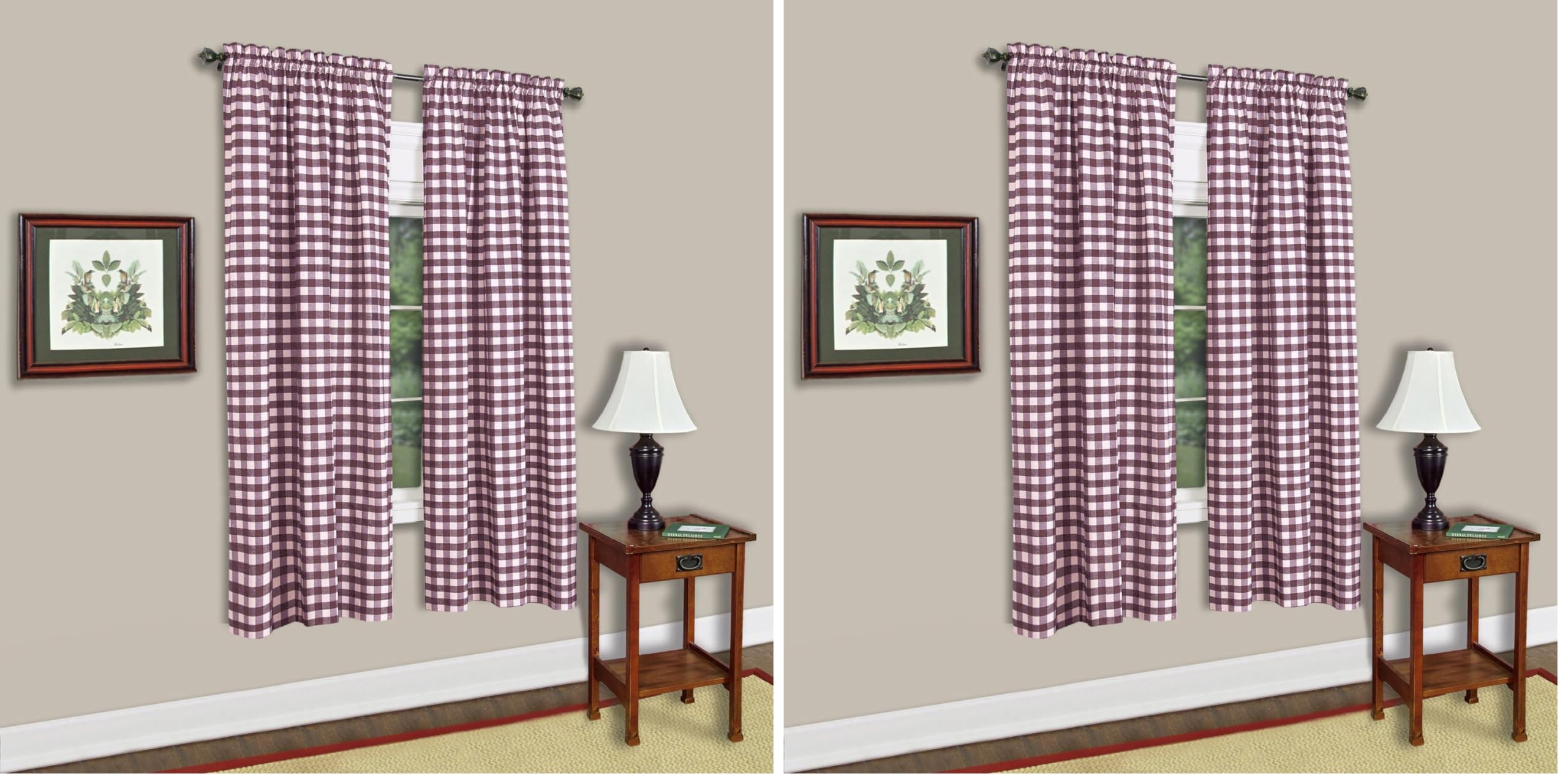 Sweet Home Collection Kitchen Window Curtain Panel Treatment Decorative Buffalo Check Design 63" Long Burgundy (Pack of 2)