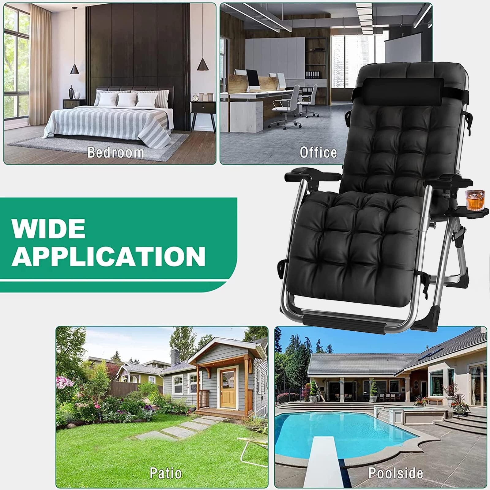 Tumbona Gravedad Cero, Silla Reclinable Plegable para Playa Jardín Terraza, Tumbona Gravedad Cero con Soporte para Bebidas, Soporta hasta 180 Kg (Color : Black Mattress with Chair)