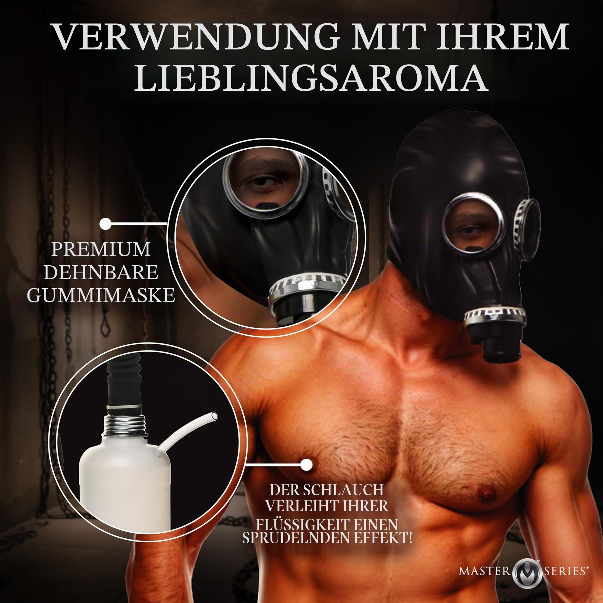 MASTER SERIES Dunkle Inhalator Gasmaske mit Flasche für Anfänger Männer Frauen Paare Einweg Atemventil Inklusive Schlauch und Aromaflasche 5 Stück Set Schwarz & Weiß