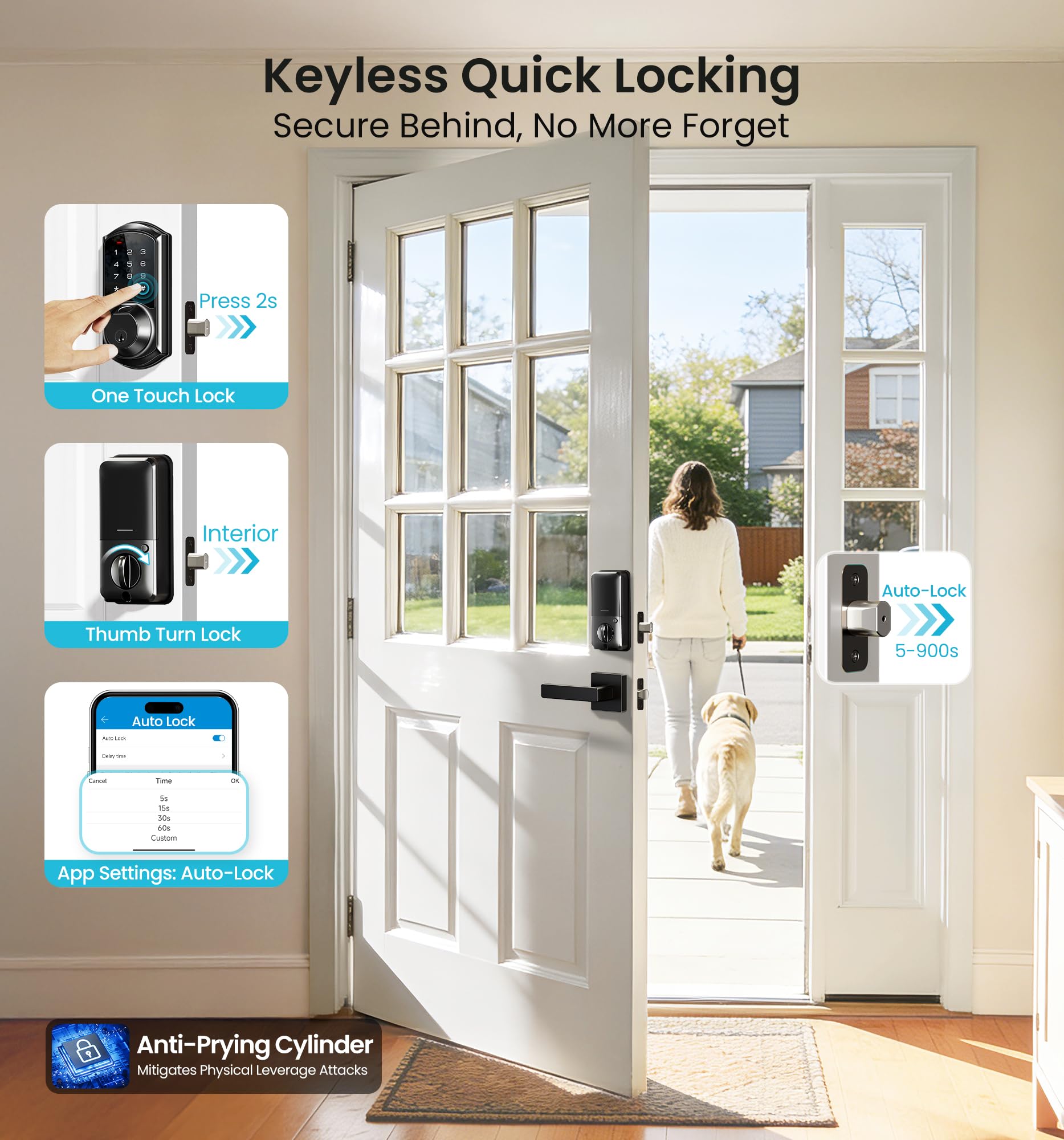 Veise VE07-L Fingerprint Smart Locks for Front Door with 2 Lever Handle Set, App Control, Keyless Entry, Electronic Digital Keypad Deadbolt, Auto Lock, Waterproof, Easy to Install, Matte Black