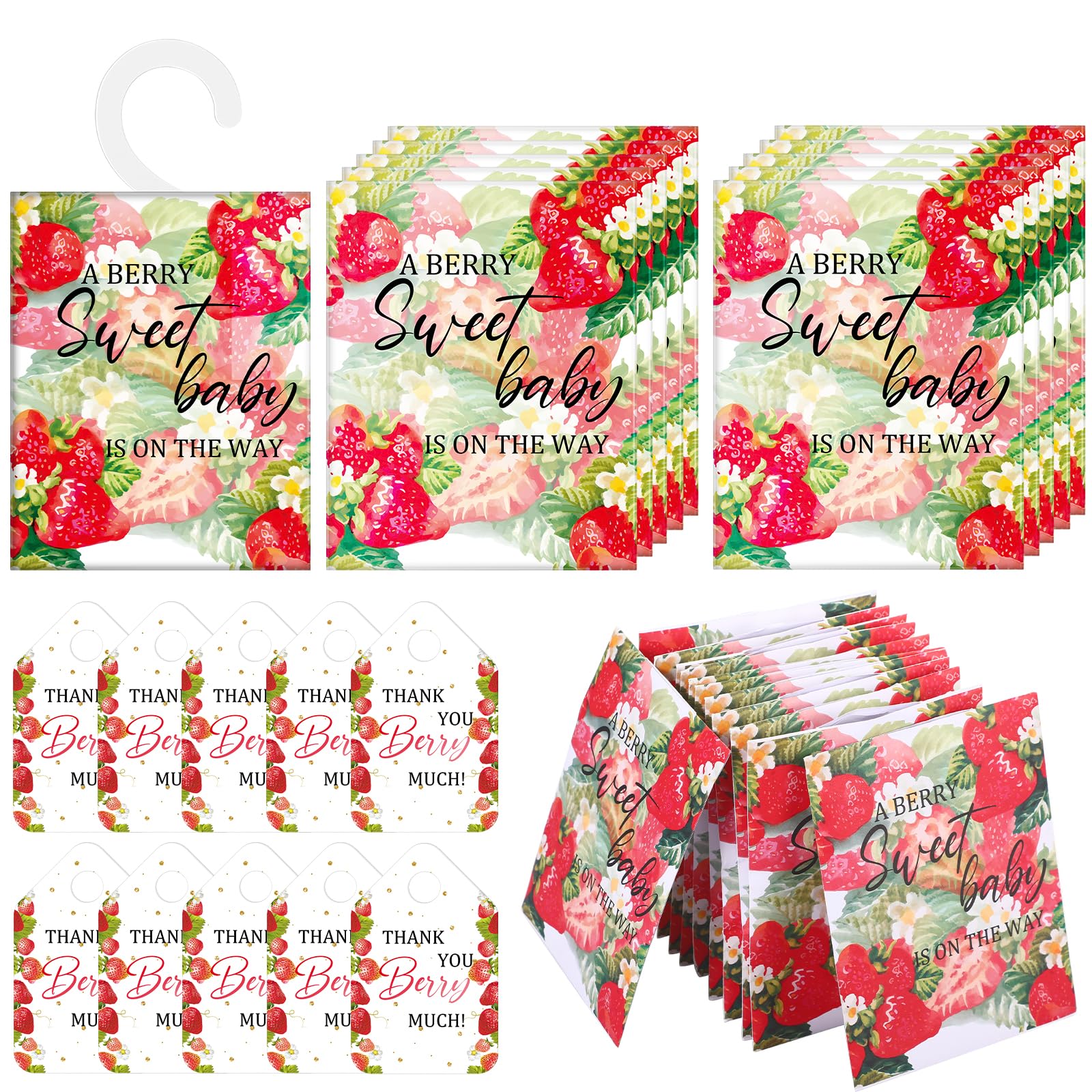 Dimsile 50 Sets Baby Shower Favors for Guests Strawberry Scented Sachets Bulk Berry Sweet Scented Air Freshener with Thank You Card Organza Bag Set