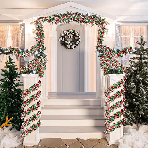 Miniatura 6 de Guirnalda de oropel de Navidad de 50 pies de largo, guirnalda metálica de oropel para decoración de Navidad para interiores y exteriores (rojo,