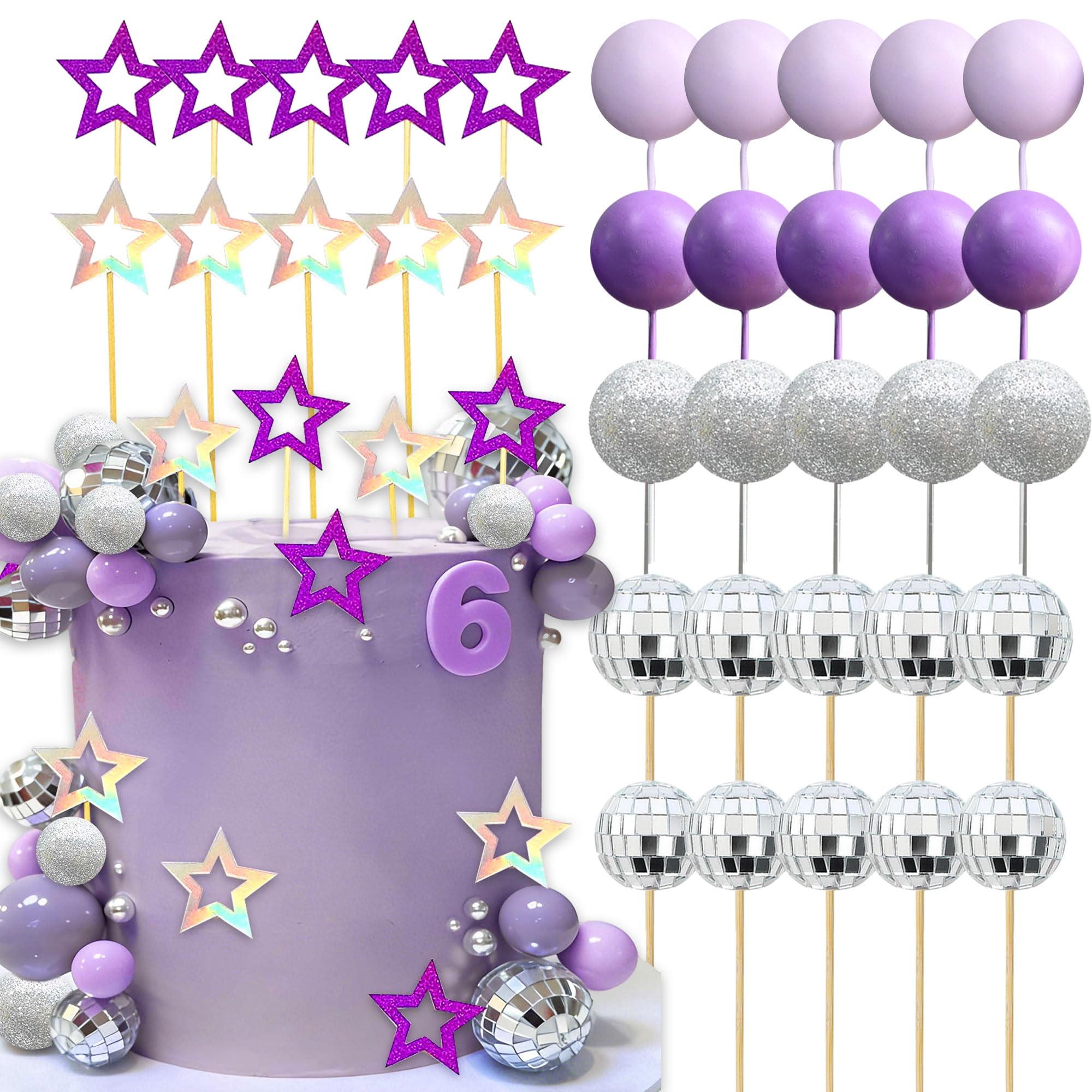 35PCS Disco Ball Cake Decor Singer Stars Purple Butterfly Balls Cake Supplies for Birthday Party Decoration