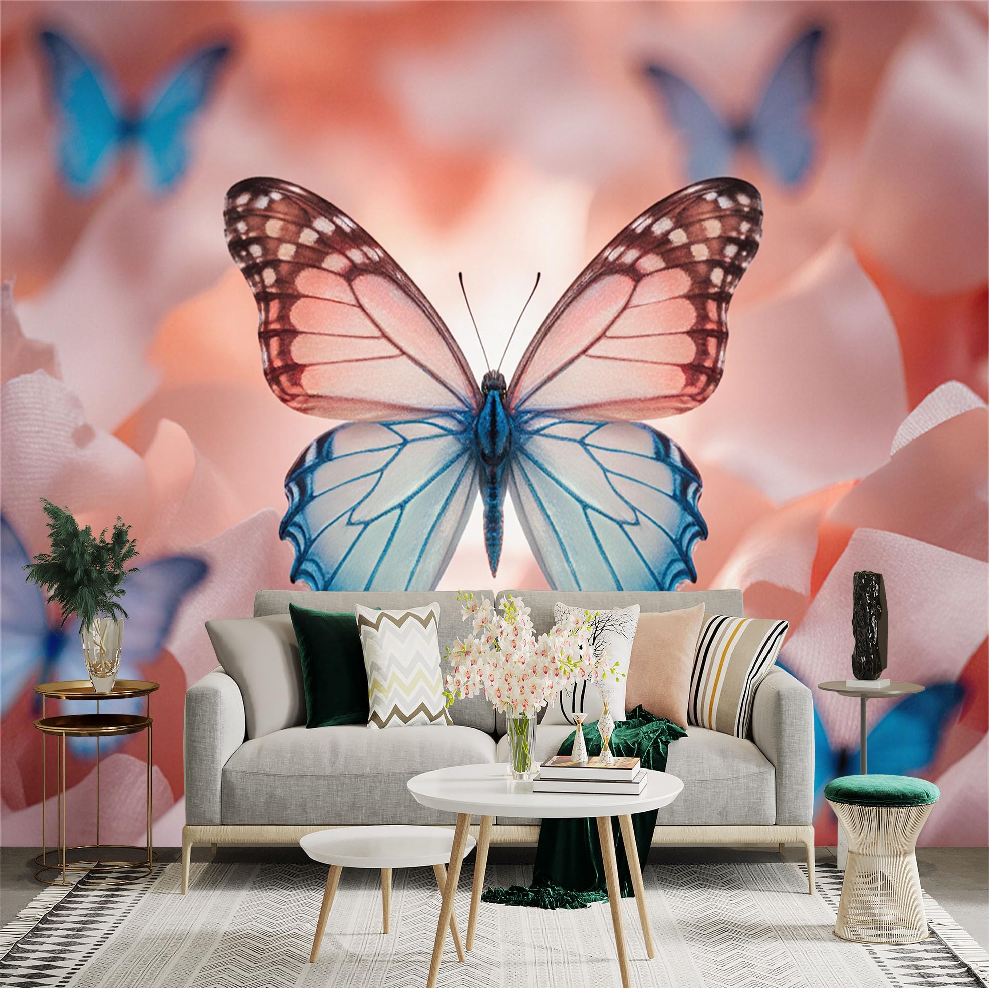 Custom Size Wall Sticker Mural， Elegant Blue Butterflies on Soft Pastel Petals， Dreamy Floral Background， for wall Decoration， peelandstick wall Decals.