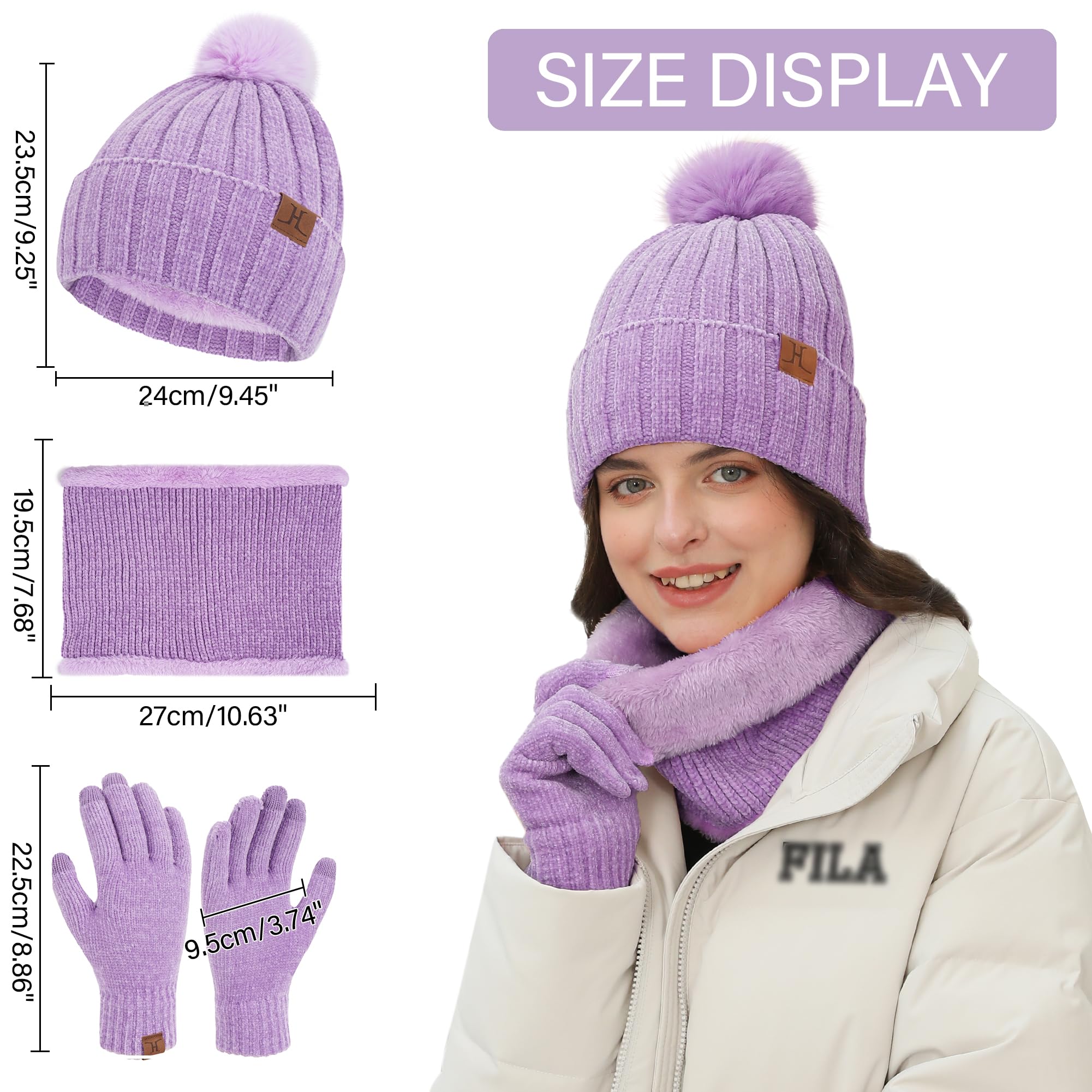 ZASFOU Damen Winter Beanie Mützen Schal Touchscreen Handschuhe Set Chenille Strick Wintermütze Winterhandschuhe Loop Schal