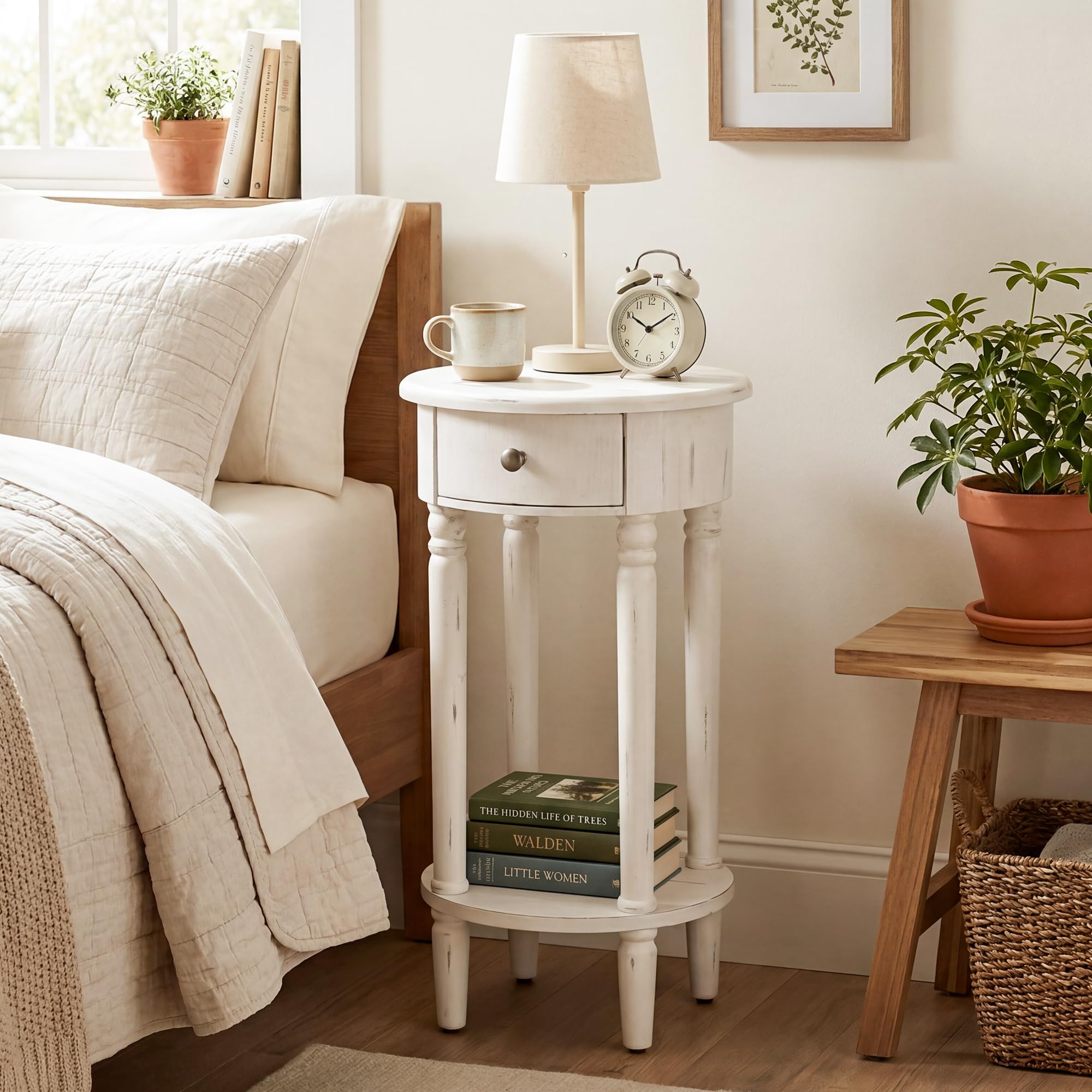HOMPUS Round End Table with Drawer, Tall end Table with Open Shelf, Farmhouse Rustic Nightstand, Slim Side Table for Small Spaces, Skinny Modern Space-Saving Accent Table for Bedroom, Easily Assembled