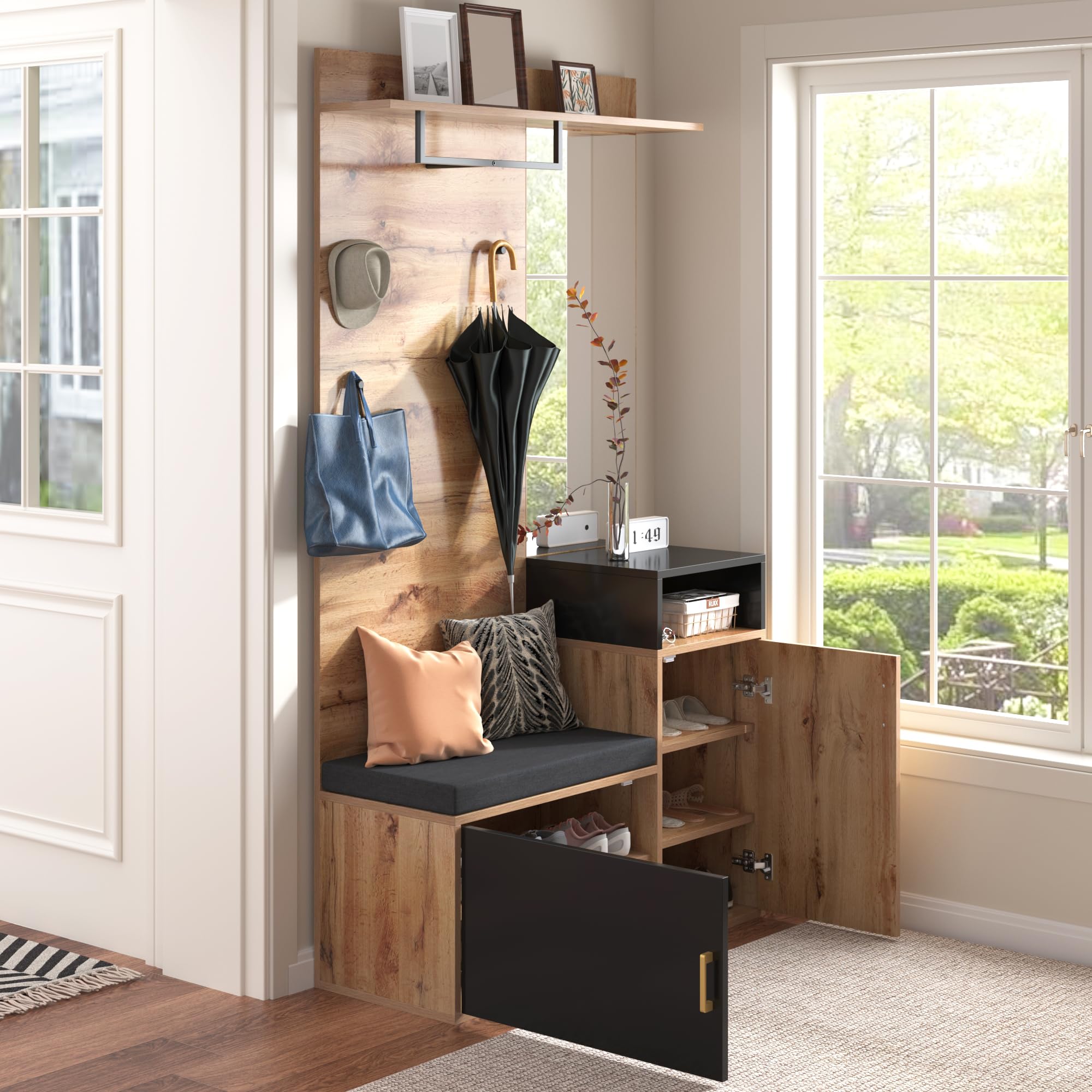 Ymkua Garderobenset Wandgarderobe, Flurgarderobe Set mit Schuhbank, Spiegel und Kissen, Garderoben Set mit 4 Kleiderhaken und Türen, Kompaktgarderobe, Wandgarderobe, 105 Lx40Bx191.5H cm
