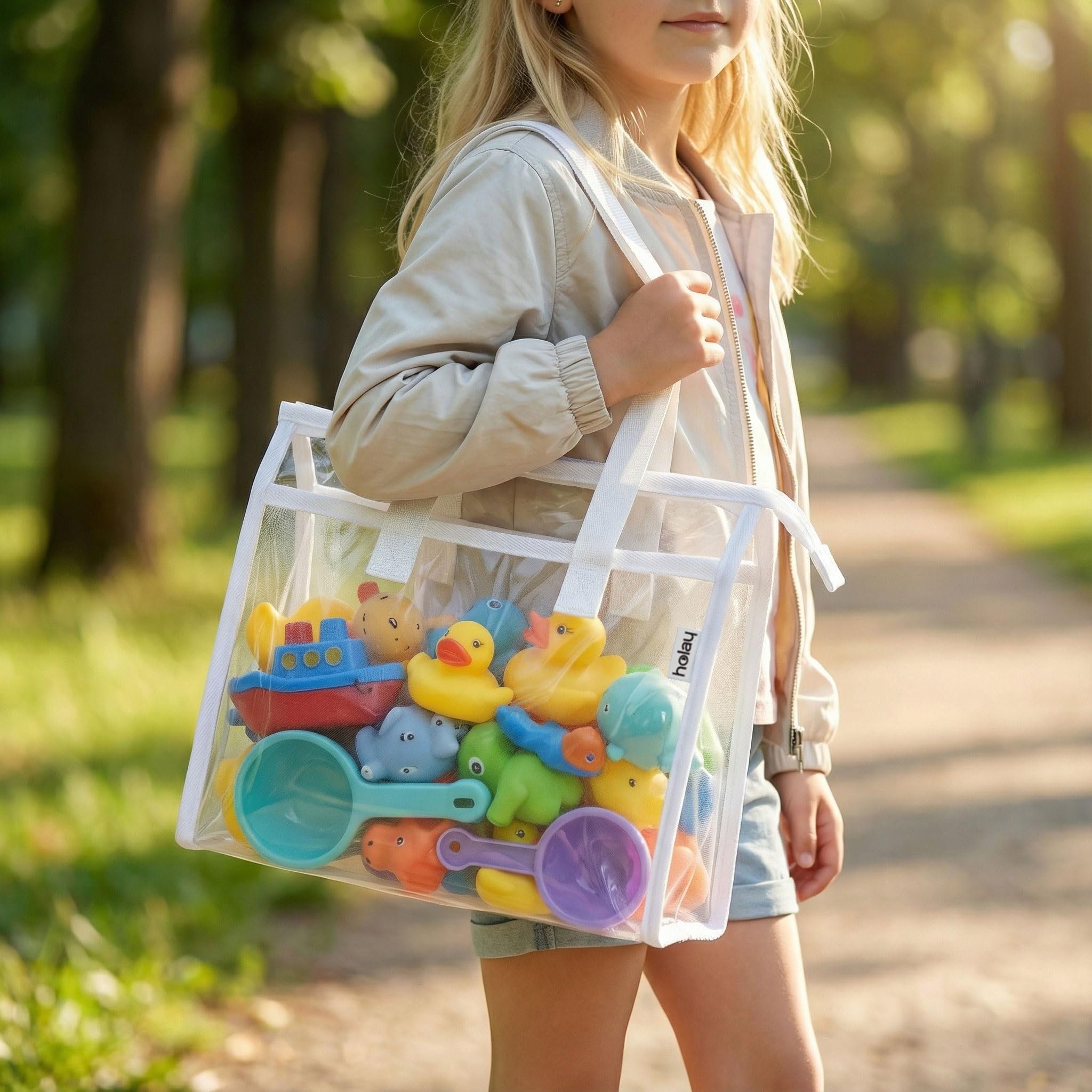 HOLAY Lot de 4 Sacs de Rangement Transparents pour Jouets avec Poignée – Organisateur Salle de Jeux pour Jouets, Jeux de Société & Fournitures Scolaires, PVC Transparent & Base Renforcée (Blanc, XL)