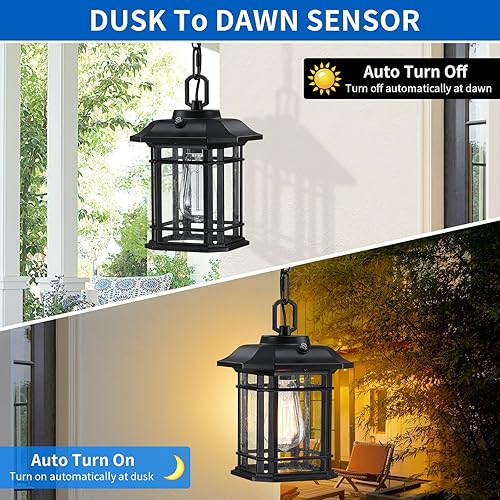 Miniatura 2 de Luces colgantes para exteriores para porche con sensor de atardecer a amanecer, faroles colgantes exteriores negros al aire libre, lámpara de techo