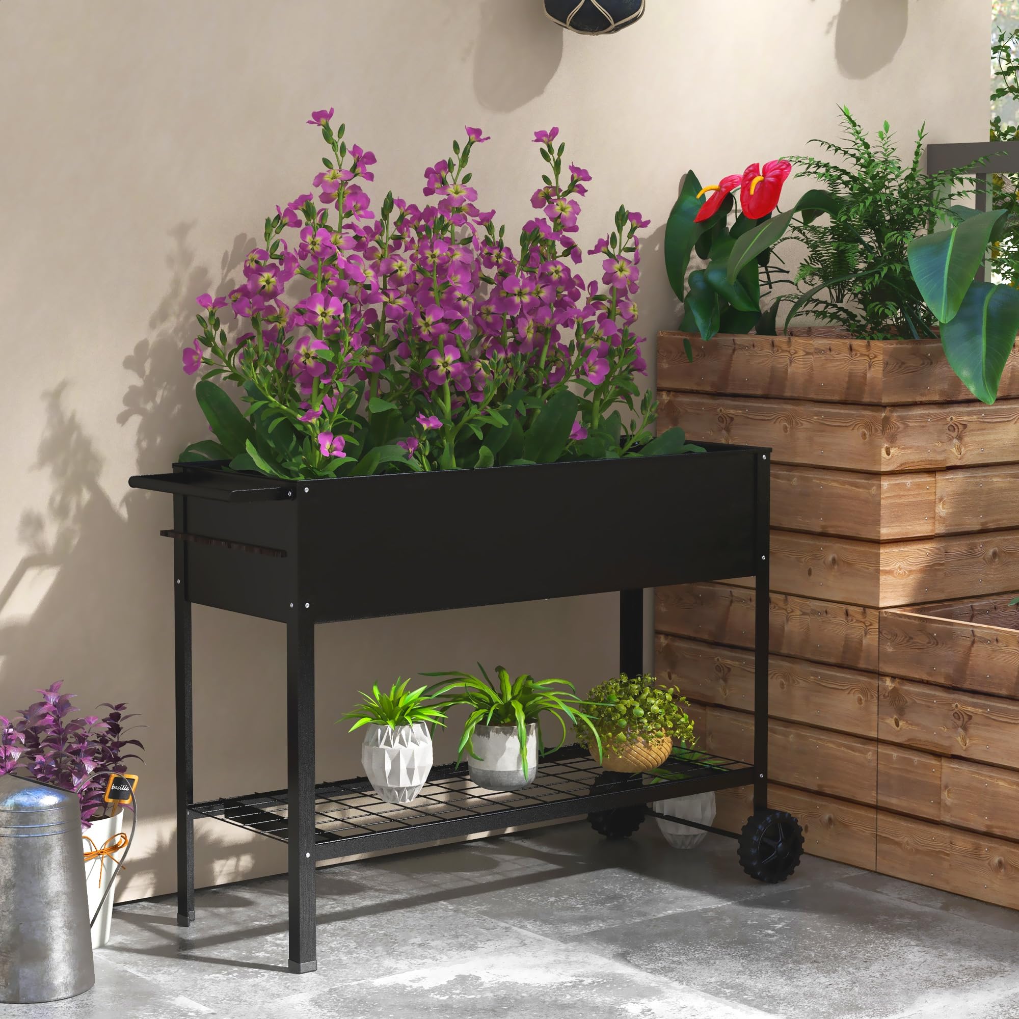 Outsunny Jardinière sur Pieds Potager dim. 109L x 39l x 80H cm étagère 2 Roues + Insert d'irrigation métal Noir