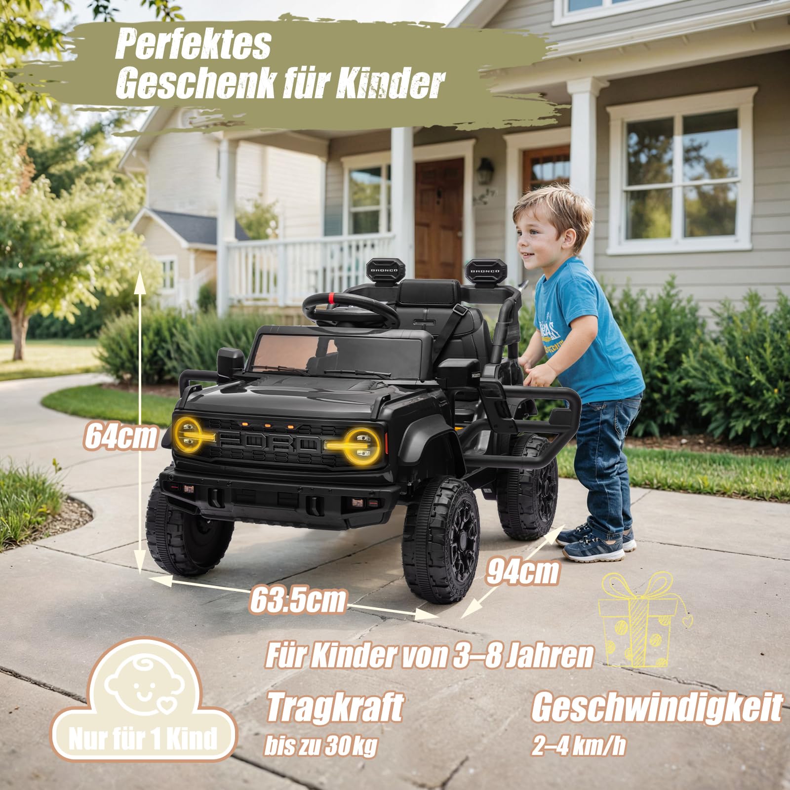 12V Kinder Elektroauto, Lizenziertes Ford Bronco Raptor Elektrofahrzeug, Auto mit Fernbedienung, 4-Rad-Federung, LED-Licht, Bluetooth, 3 Geschwindigkeiten (Schwarz)