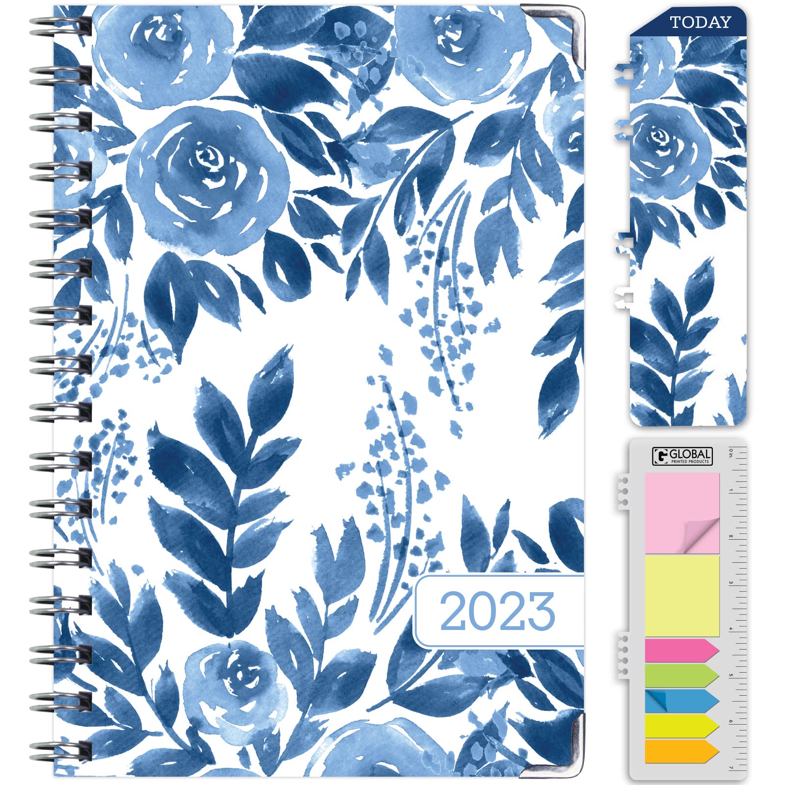 HARDCOVER 2023 Planner: (November 2022 Through December 2023) 5.5"x8" Daily Weekly Monthly Planner Yearly Agenda. Bookmark, Pocket Folder and Sticky Note Set (Blue Bloom)