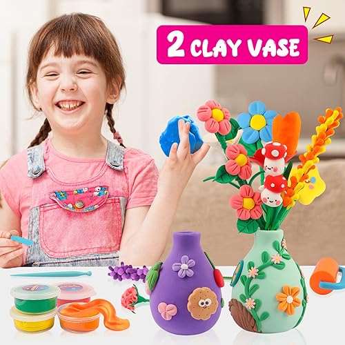 Miniatura 2 de UOMTFAI Kit de arte y manualidades de flores para niños, ramo de flores de arcilla seca al aire, kit de arte de arreglo de arcilla mágica,
